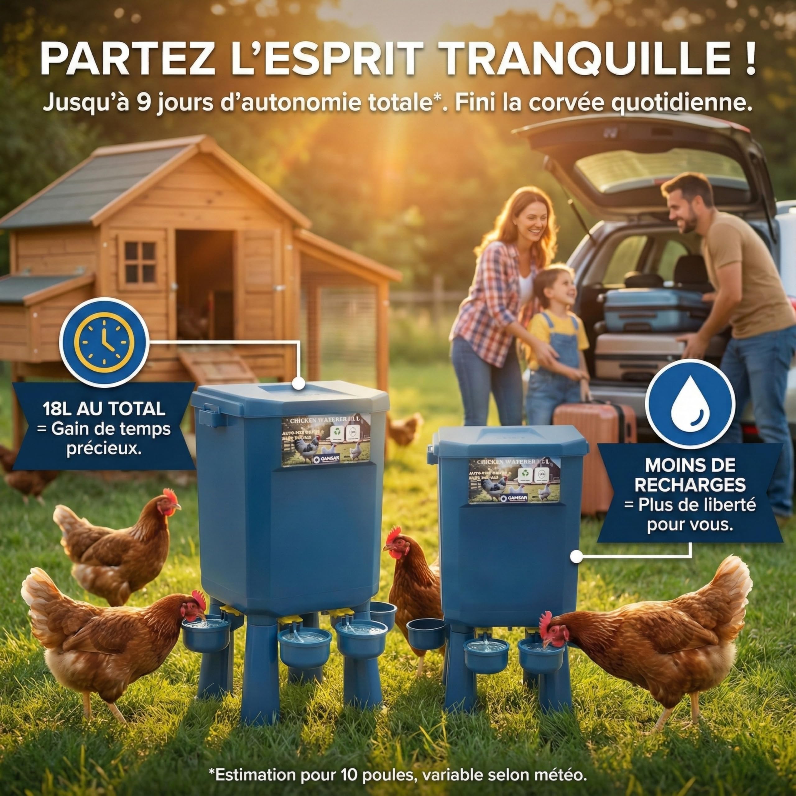 Kit 2 Abreuvoirs Poules 11L/7L – Anti-gaspillage d’Eau, Valve Automatique, Zéro Conflit Multi-Enclos, Anti-Cyanobactéries, Ideal Microfermes et Élevages Amateurs, sans BPA, Matériaux Durables