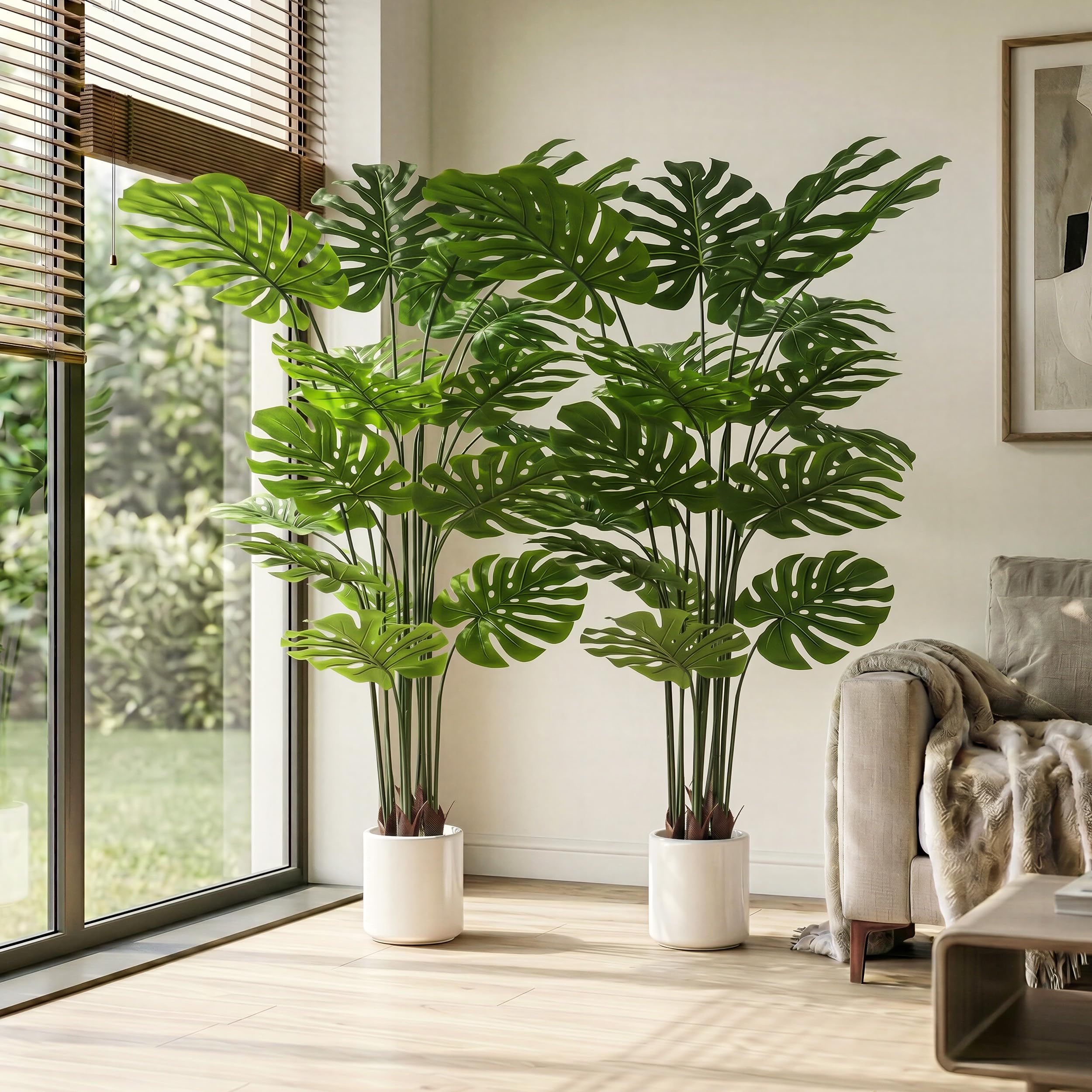 BEAUTYPEAK 160cm Monstera Künstliche Pflanze Wie Echt mit Weißem Topf | Kunstpflanze in Dichtes Laubwerk, Biegbare Blätter, Zimmerpflanze Deko für Wohnzimmer, Balkon,Büro,Flur, 2 Stück Fake Plants