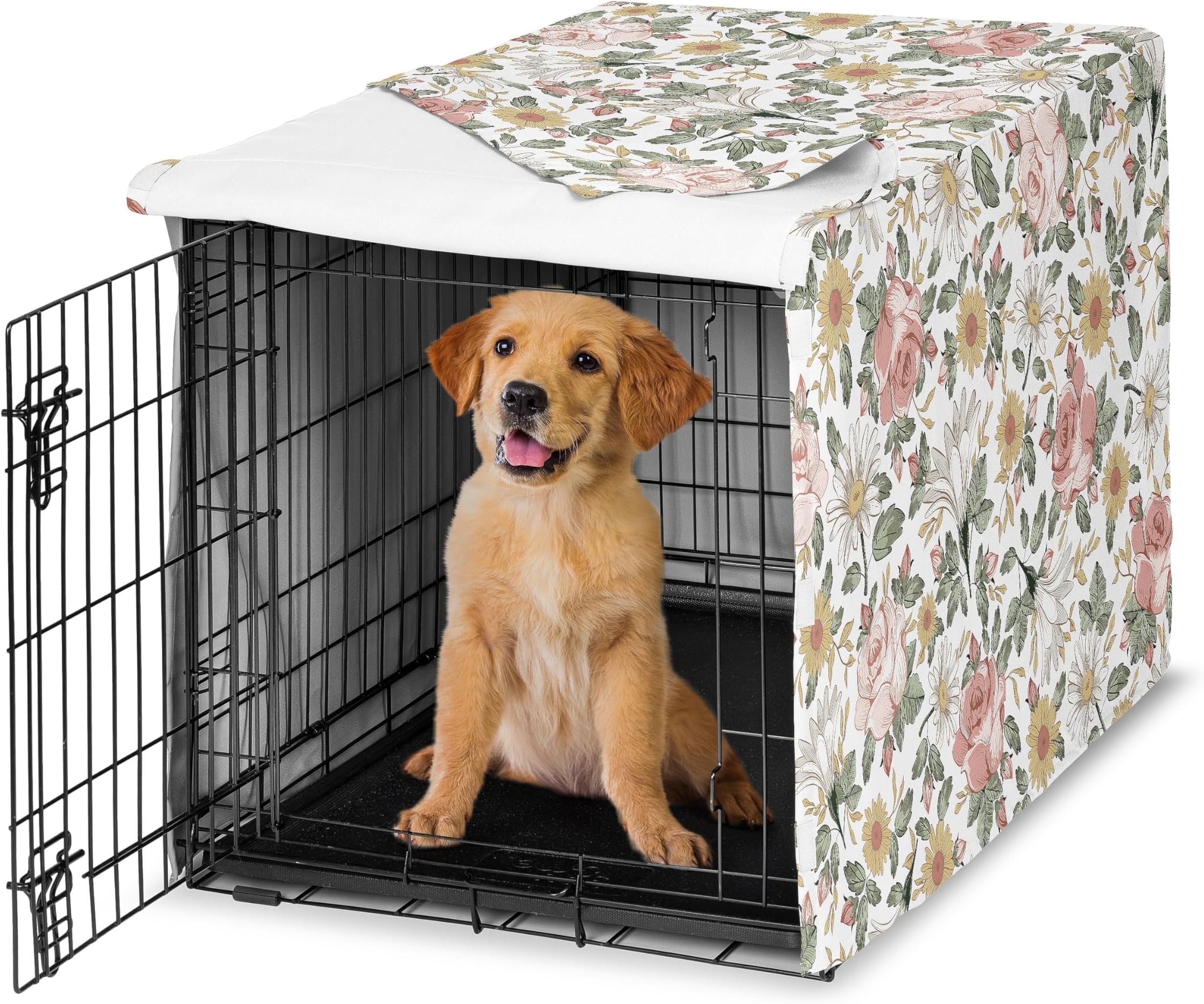 Sweet Jojo Designs Vintage Floral Boho Girl Dog Crate Cover โ Kennel Covers for 36 Inch Pet Cage Medium - Blush Pink Yellow and Green Bohemian Shabby Chic Rose Flower Farmhouse White