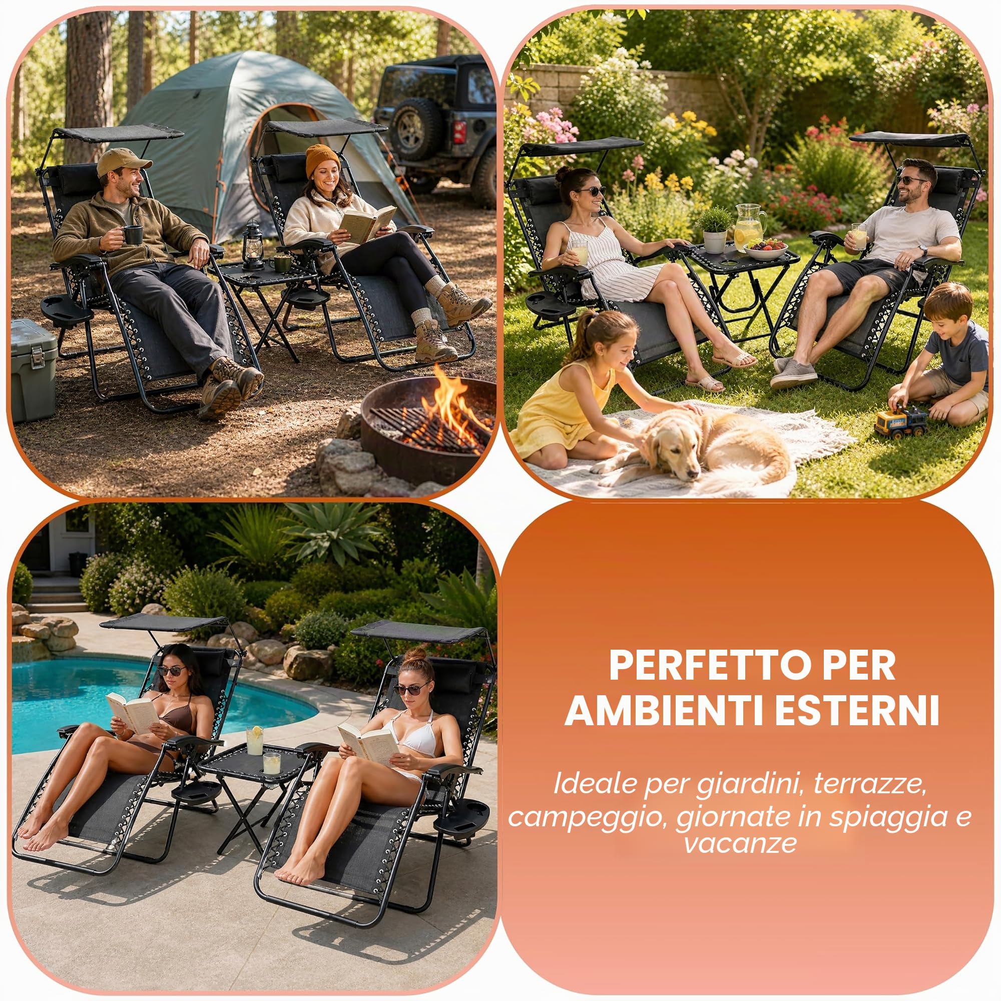 Garden Mile Zero Gravity - Set di 3 lettini prendisole con tavolo, 2 sedie reclinabili pieghevoli con tettuccio, portabicchieri e vassoio per telefono, poggiatesta regolabile, portatile, giardino