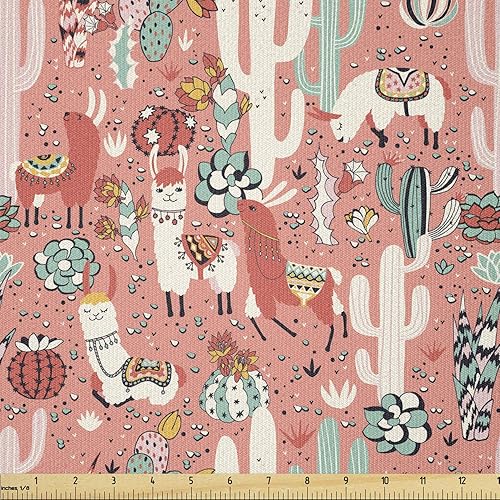 Lunarable Tela de cactus de The Yard, ilustración de dibujos animados del desierto de Arizona México con plantas suculentas y llama alpaca, tela de