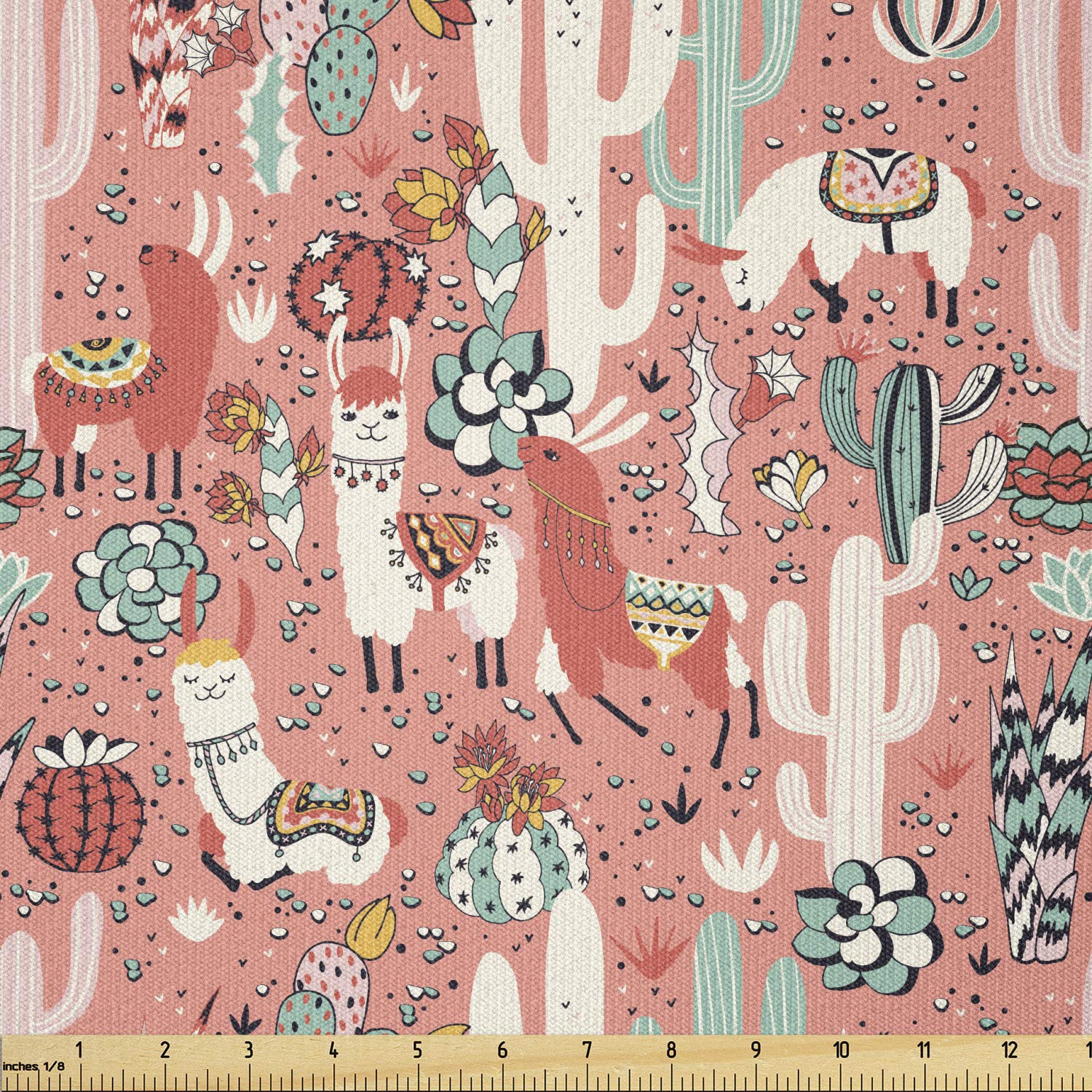Lunarable Cactus Fabric by The Yard, Cartoon Illustration of Arizona Mexico Desert with Succulent Plants and Llama Alpaca, Stretch Knit Fabric for Clothing Sewing and Arts Crafts, 1 Yard, Coral Pink