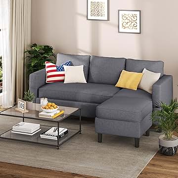 Shintenchi Small Sectional Couch Sofas, L Shape Sofa with Ottoman, Fabric Upholstered Convertible Sofa Couches, Small Couch for Apartments, Living Room and Office (Dark Grey)