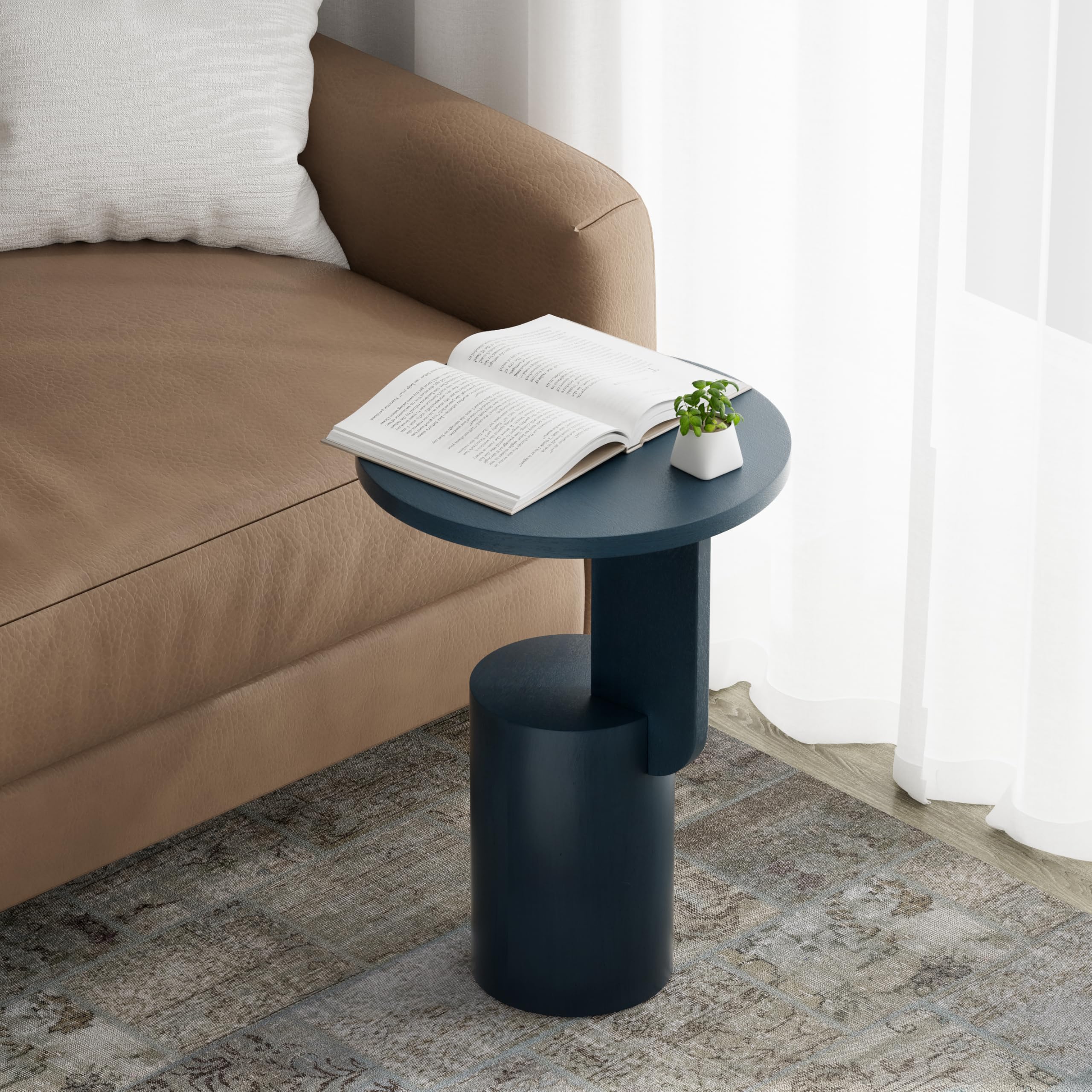 COZAYH Modern Farmhouse Small Drink Table with Geometric Design Base, Minimalist Tall End Table for Small Space, Vintage Blue