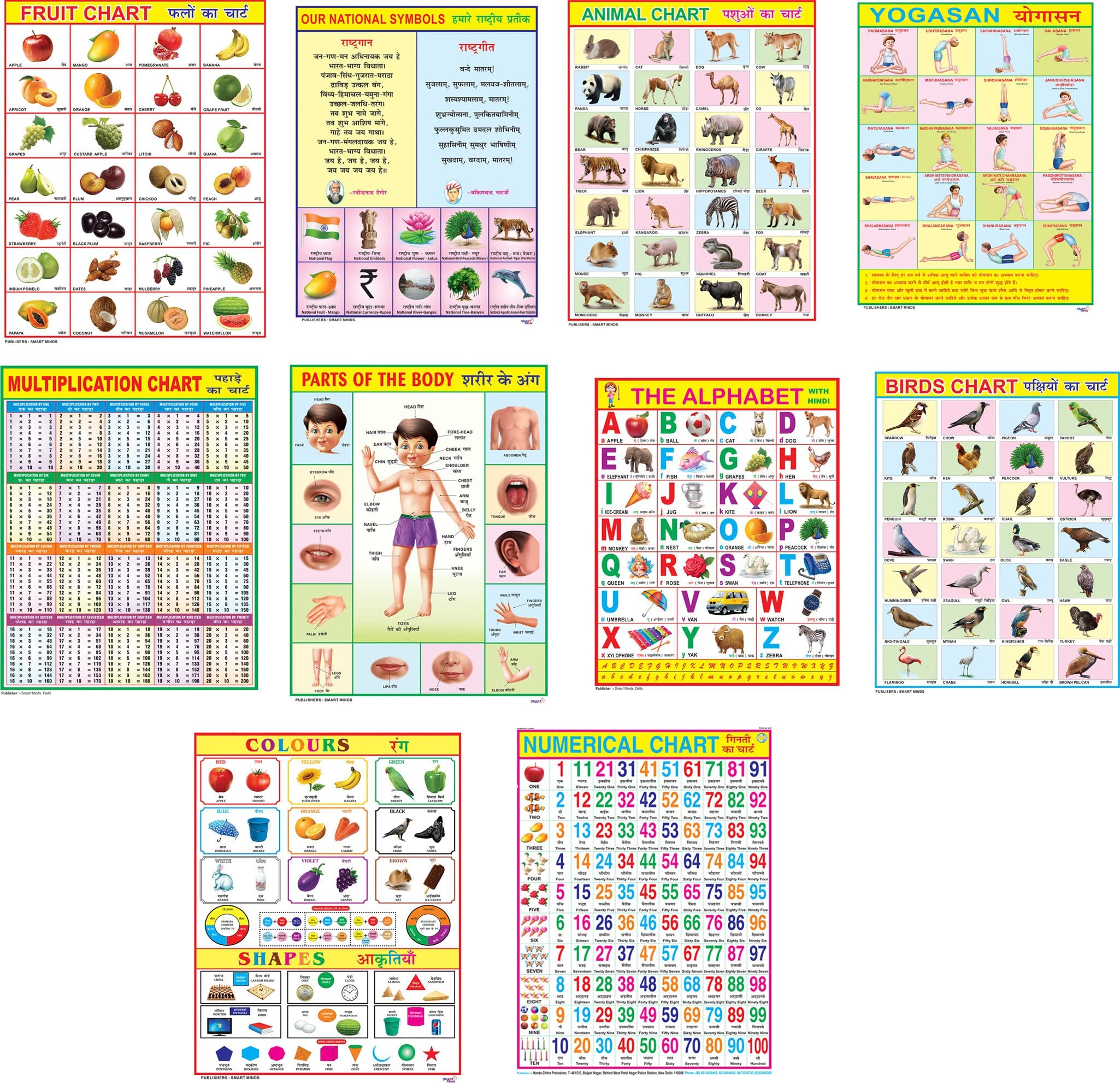 Eoi Marketing Combo Of 10 Chart Yogasan Numerical Animals Birds