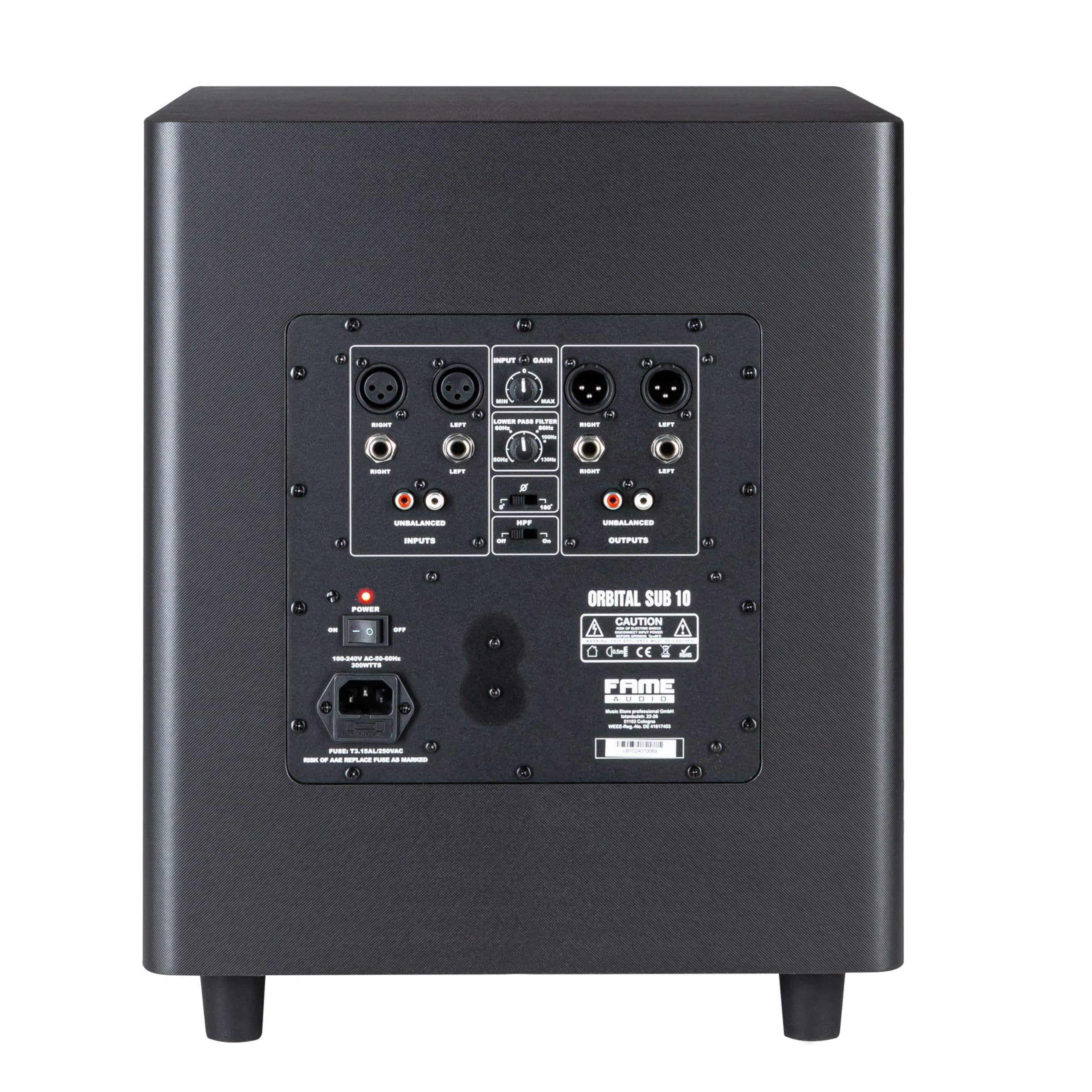 Fame Aktiver 200W Subwoofer, 10" Tieftöner, Heimstudio, Mixing, DJ-Setup, Frequenzbereich 30-200Hz, Flexible Trennfrequenz, XLR//TRS Eingänge, downfired, magnetisch geschirmt