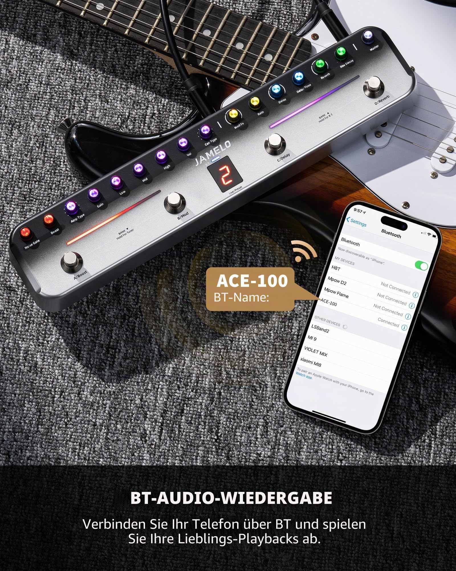JAMELO Gitarren Multi-Effektpedal, 7 Effektmodule, 27 Effektkombinationen, Overdrive, Distortion, Reverb, Delay, Chorus, mit Bluetooth, IR-Import, Aufnahme, App-Steuerung,wiederaufladbar
