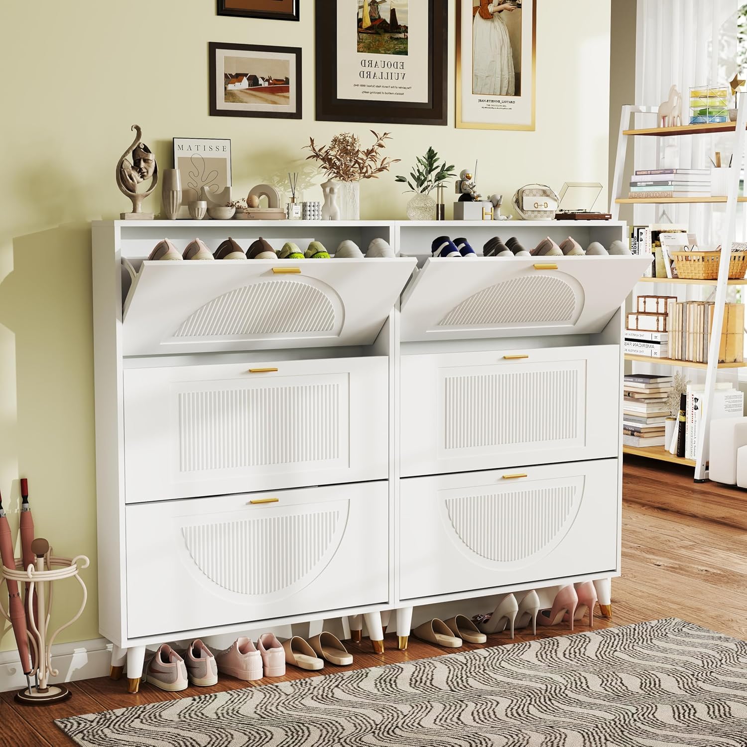 White Shoe Cabinet Storage for Entryway: Modern Hidden Shoe Storage Cabinet, Shoes Rack with 6 Flip Drawers, Wood Small Organizer with Doors (2 Pieces, 32")