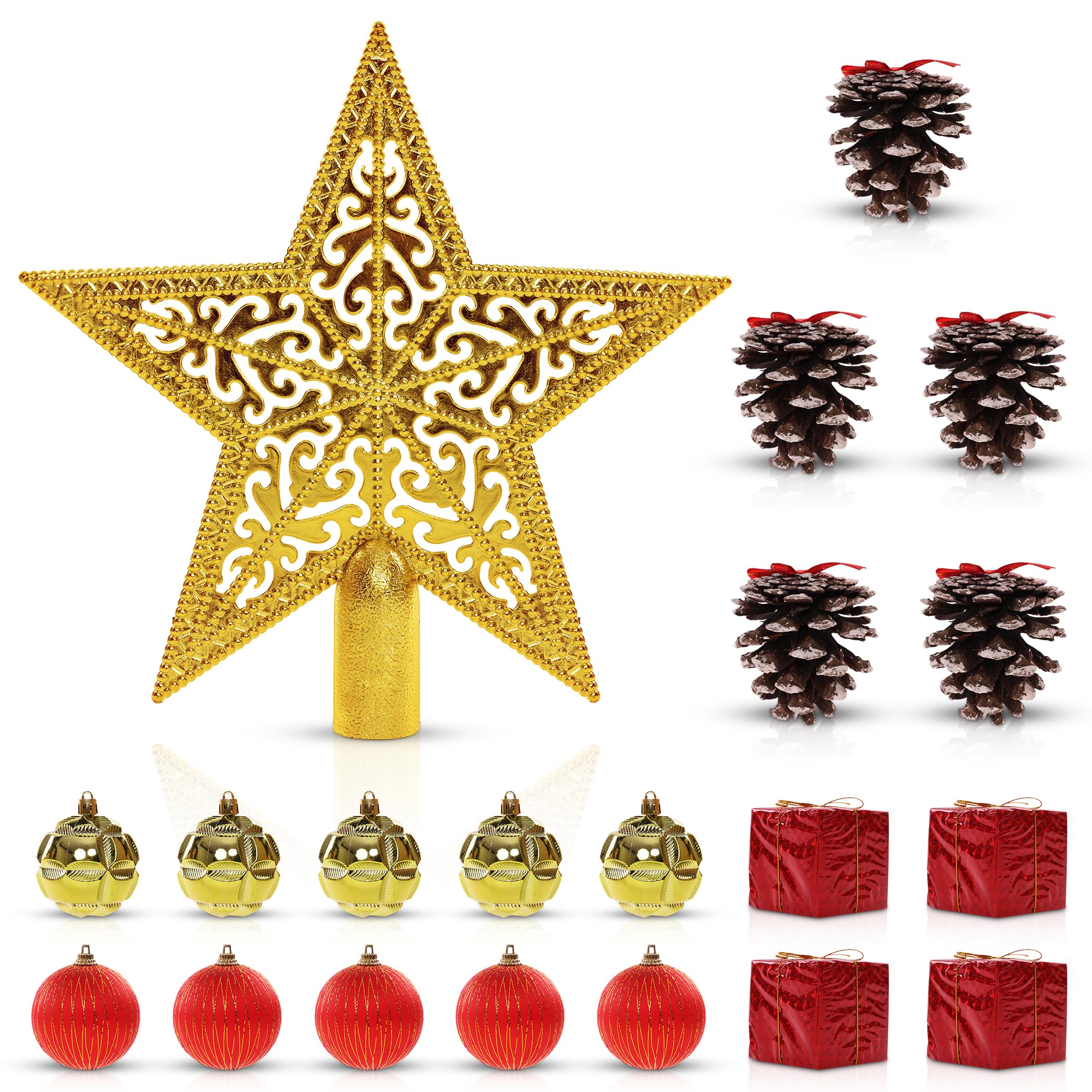 Deck The Season Red & Gold Christmas Baubles Set – Mixed Shapes, Pinecone Decorations & Gold Star – Shatterproof Xmas Tree Ornaments