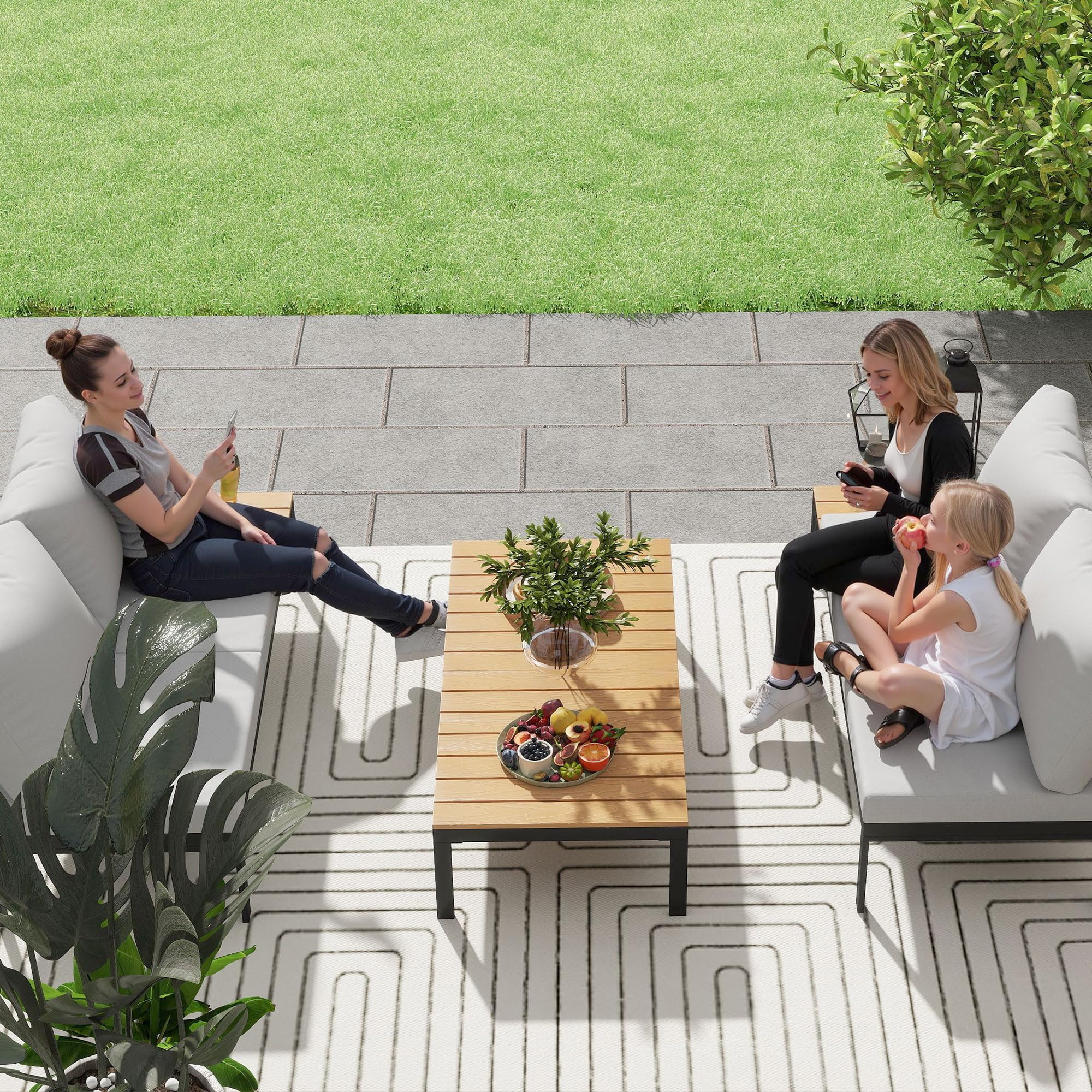 Outsunny Set Salotto da Giardino 4 Pezzi, 2 Divanetto 2 Posti, 2 Tavolini Caffè Quadrati, Legno e Cuscini Sfoderabili, Metallo e Legno Composito, Teak