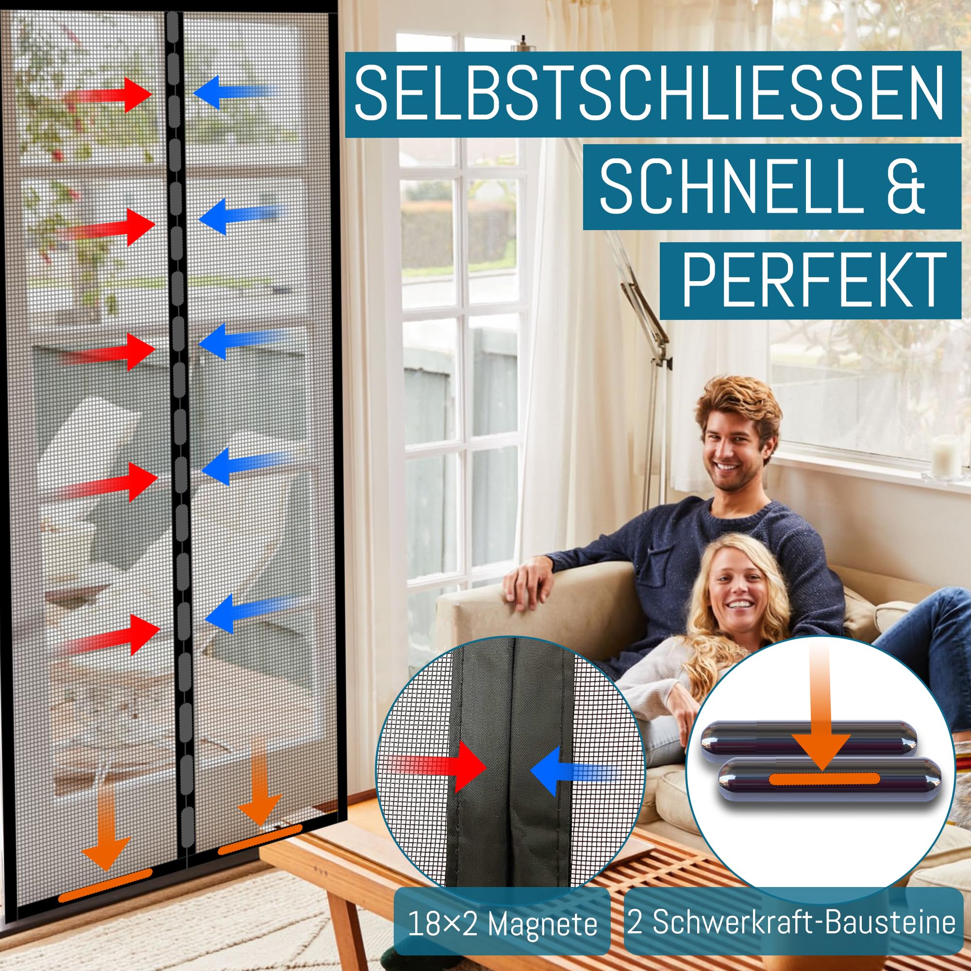 AMZERO Magnet-Fliegengitter Für Türen – 105x215 Cm, Selbstklebend, Ohne Bohren (schwarz)