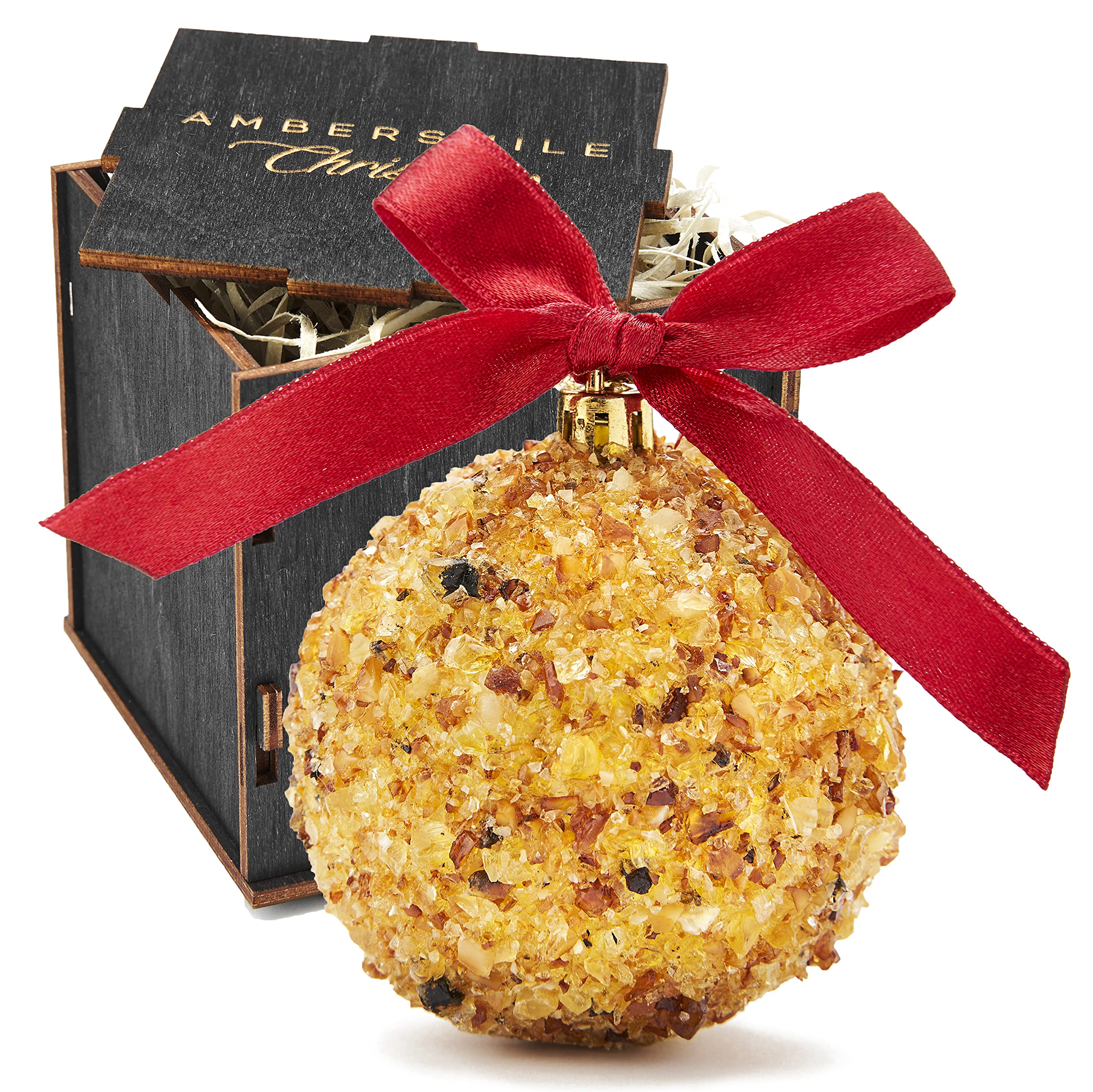 Amber Christmas Ornament with Luxury Wooden Gift Box, Handcrafted Christmas Ornaments Decorated with Natural Baltic Amber, Unbreakable Exclusive Christmas Decor, Magical 2.55in