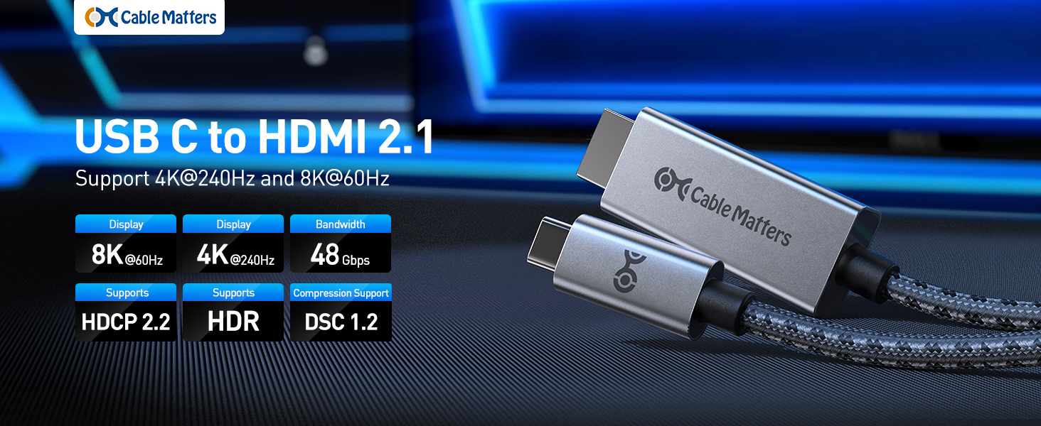 USB C To HDMI 2.1 Cable 15FT - 8K@60Hz Aluminum Cord For MacBook IPad IPhone