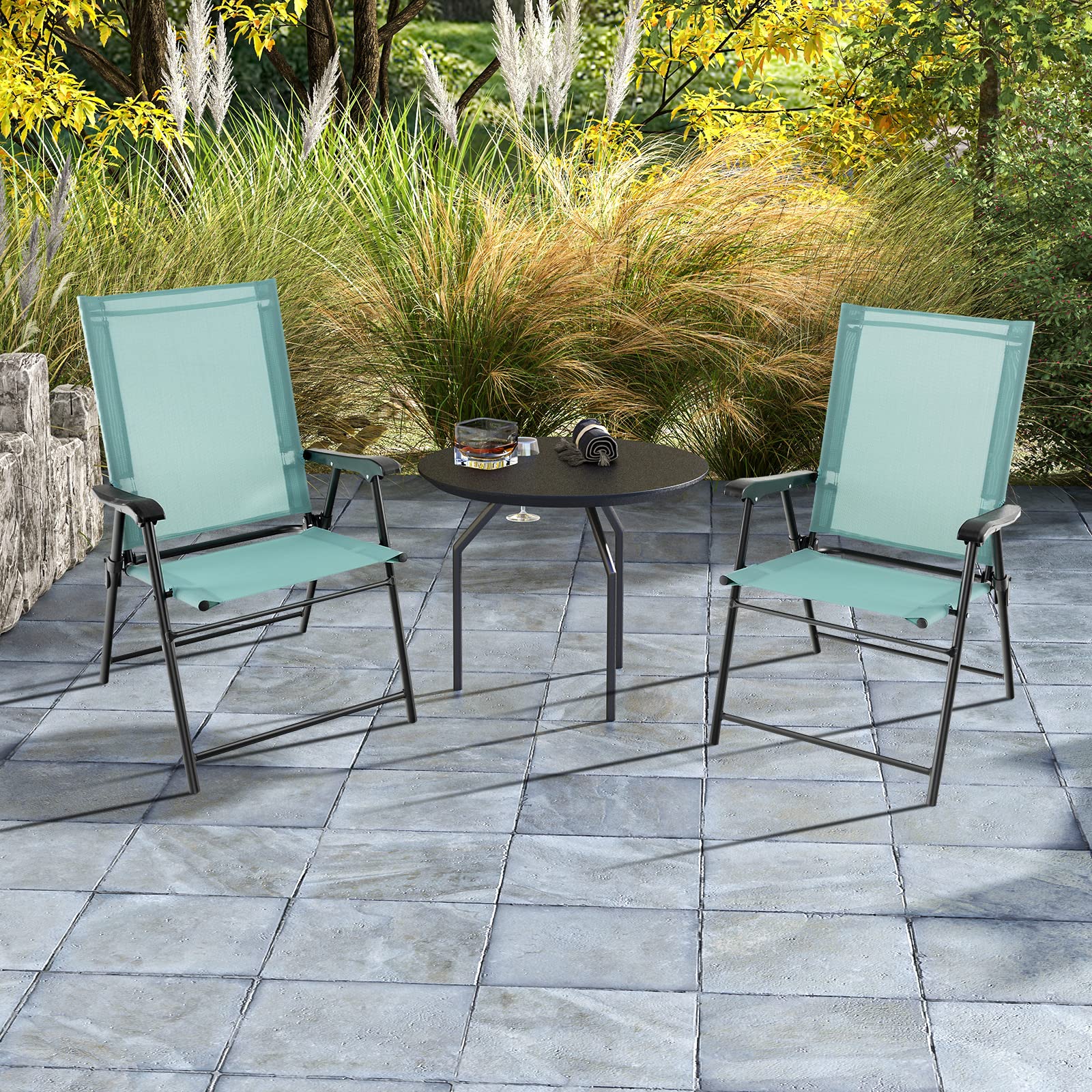 GIANTEX Set di 2 sedie da giardino pieghevoli, con schienale alto e bracciolo, resistenti alle intemperie, in metallo e tessuto, portata fino a 150 kg (verde menta)