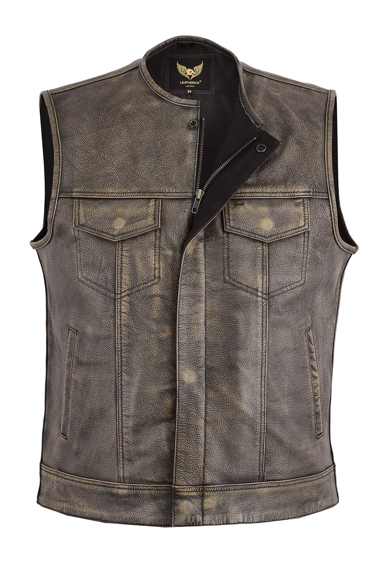 Leatherick Męska kamizelka skórzana w stylu vintage, brązowy, styl bez kołnierza, doskonały wygląd