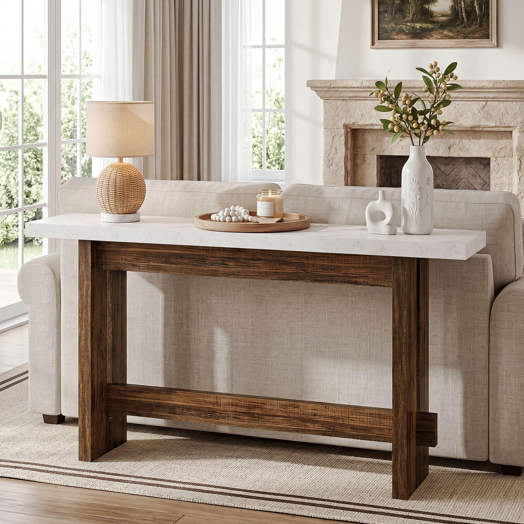 Tribesigns 160cm Legno Tavolo Consolle, Tavolo da ingresso Stile Fattoria con Piano Finto Marmo, Tavolo lungo e Stretto Dietro il Divano per Entryway, Corridoio, Soggiorno, Ingresso