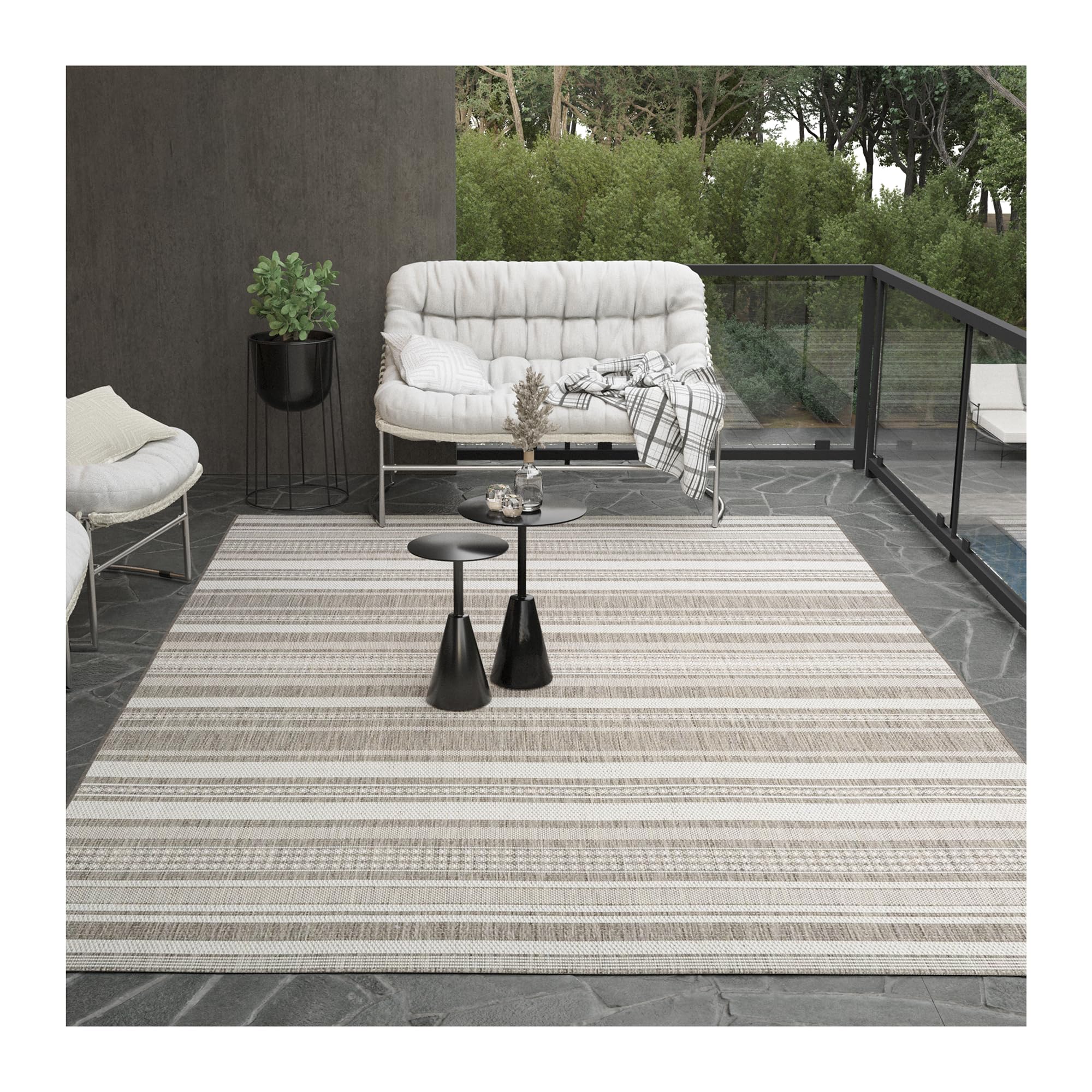 Couristan Recife Indoor Outdoor Rug - Gazebo Stripe 7'6" x 10'9" Rectangle in Ivory and Taupe, Low Pile, Hose Washable, Pet- Kid Friendly Home Decor