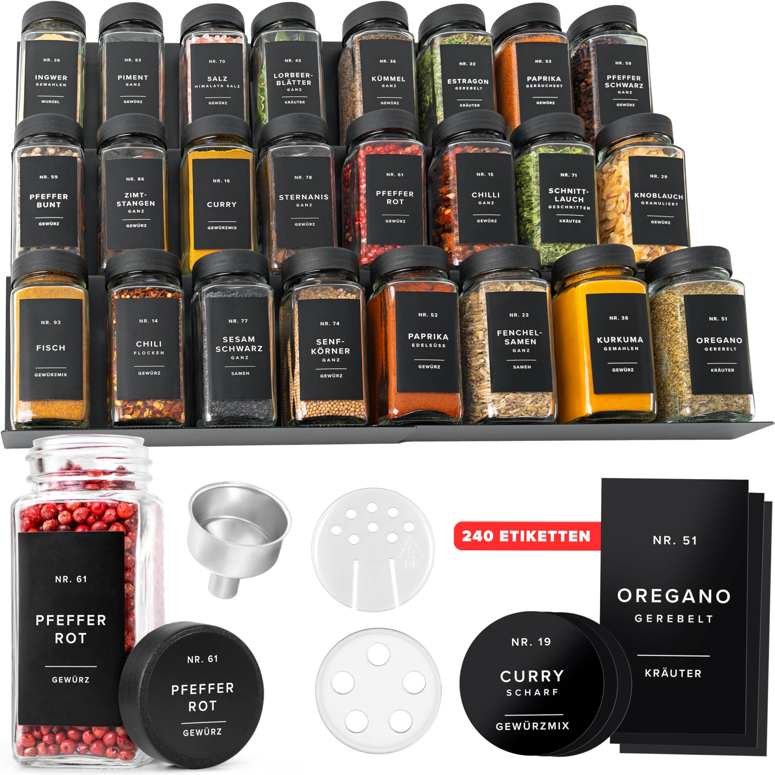 EDELHAUS Gewürzregal Schublade Metall Verstellbar mit 24 Gewürzgläser und 240 Ettiketen - Gewürz Organizer Schublade Küche - Schubladeneinsatz Gewürze Aufbewahrung - Gewürzaufbewahrung - Gewürzeinsatz