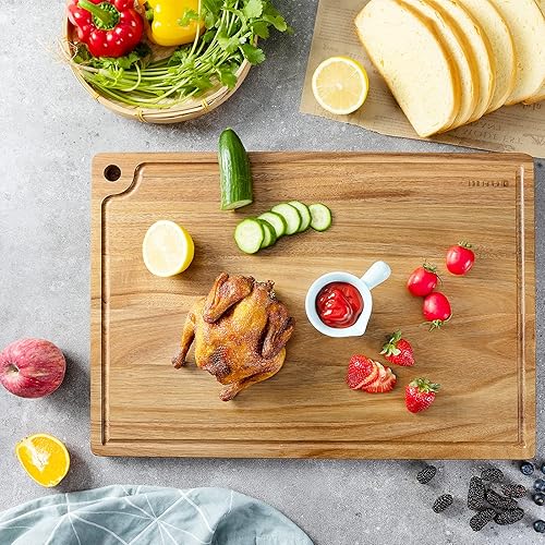 Miniatura 7 de Caperci Better Tabla de cortar de madera de acacia extragrande de 20 x 14 pulgadas, tabla de cortar de cocina con ranura para jugo y agujero de