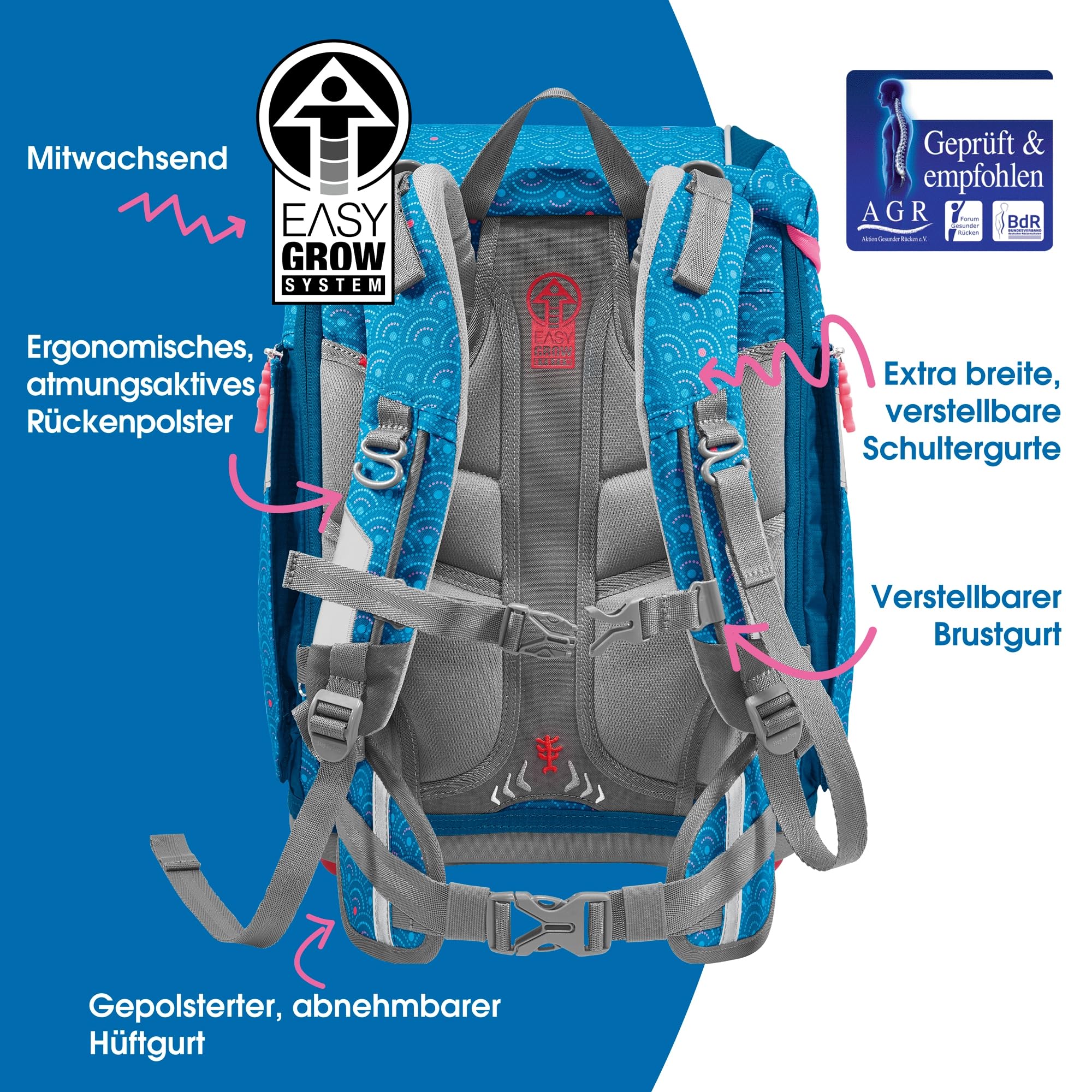 Step by Step Juego de mochila escolar 2 en 1 Plus, 6 piezas, macuto ergonómico con reflectores, altura regulable con cinturón de cadera, a partir de la primera clase, 19 l, Dolphin Pippa -