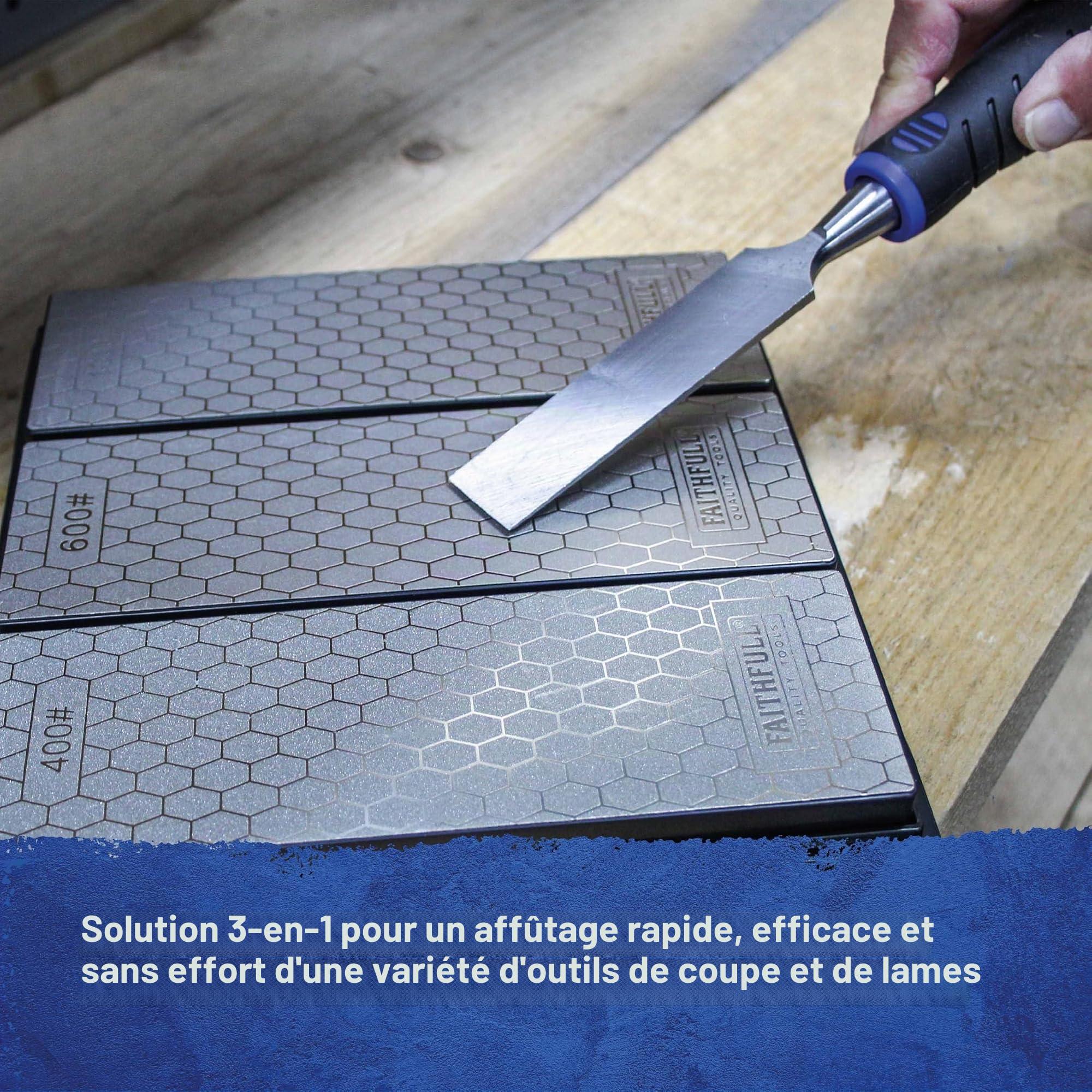 Kit de pierres à aiguiser diamantées Faithfull – Système d'affûtage 3 en 1 avec pierres à grain 400G / 600G / 1000G pour couteaux, ciseaux, outils de coupe