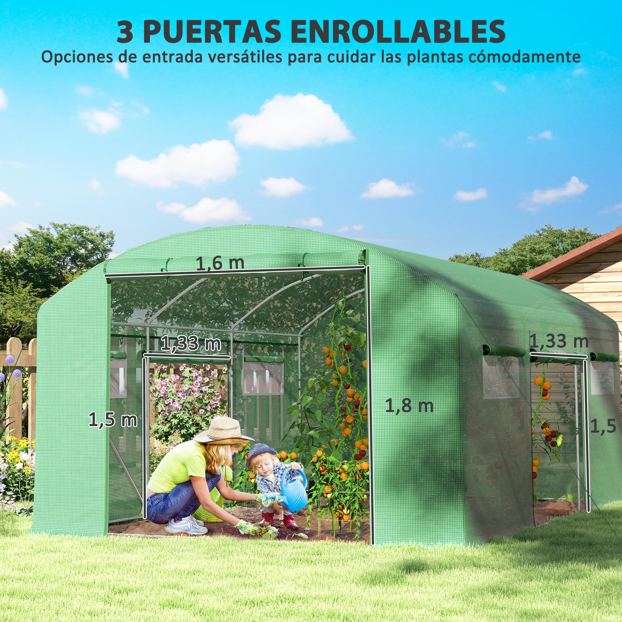 Outsunny 4 x 3 x 2m Serra a tunnel e serra tunnel Verde | Finestre a rete, tenda serra tunnel giardino, copertura PE resistente ai raggi UV, telaio in acciaio galvanizzato