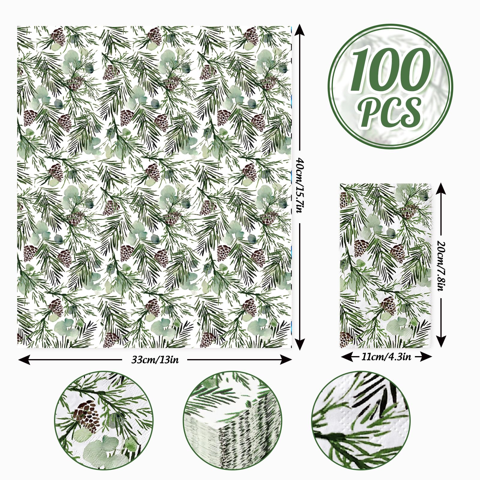 NOVIIML Pack Winter Guest Napkins Watercolor Eucalyptus Pine Branches Cones Paper Towel Napkins Disposable Decorative Hand Napkin for Party Supplies Table Decor, 13 x 15.7 Inch