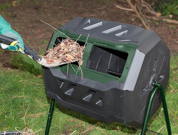 Exaco Trading Company Exaco Mr.Spin Compost Tumbler - 160 Liters / 43 Gallon, Dual Chamber Composter On Two-Leg Stand,Green/Black