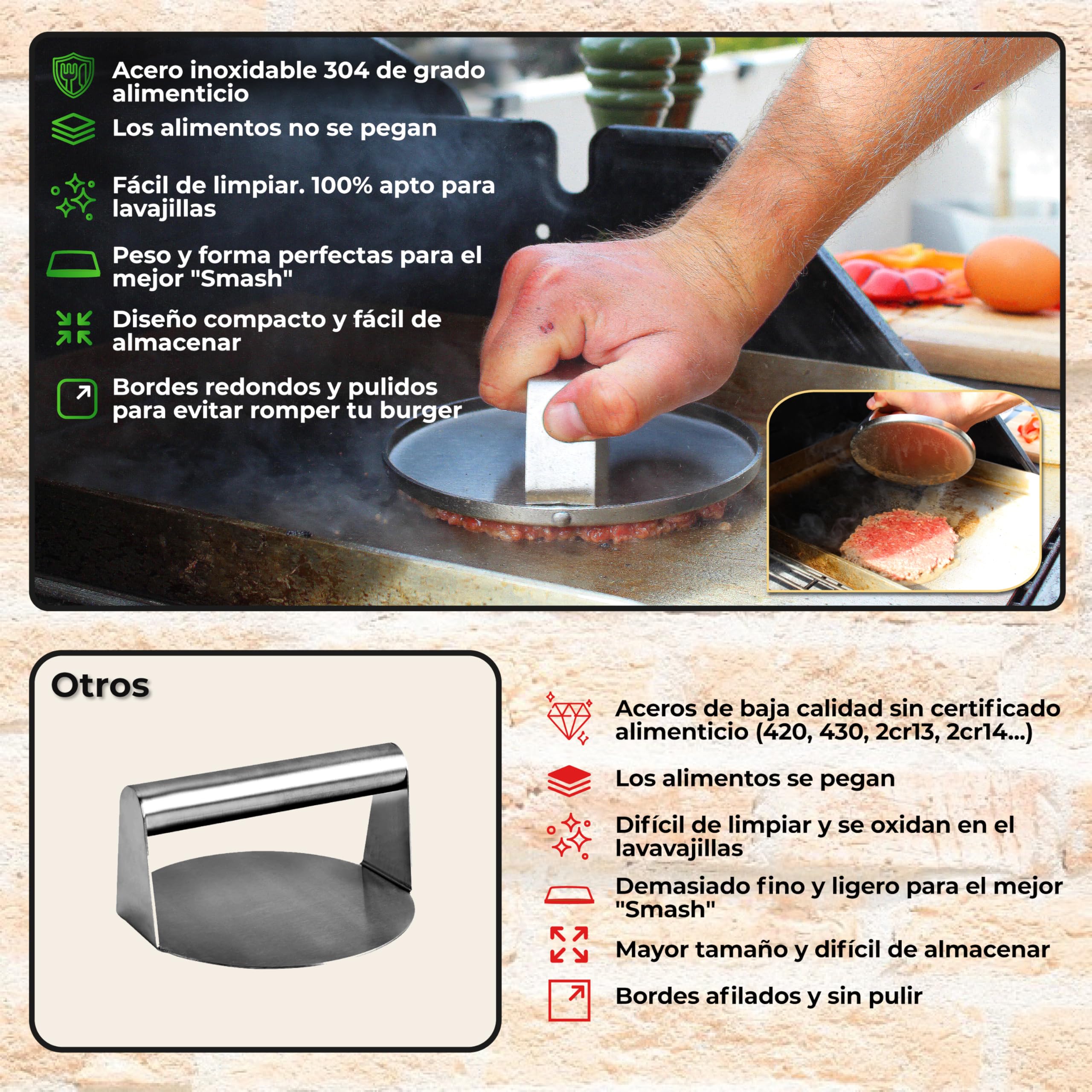 Kit Smash Burger – Incluye Smasher o Aplastador de Hamburguesa, Espátula para Plancha y Campana para Barbacoa - Fabricado Acero INOX. 304 Certif. Contanto Alimentos, Garantía 10 Años