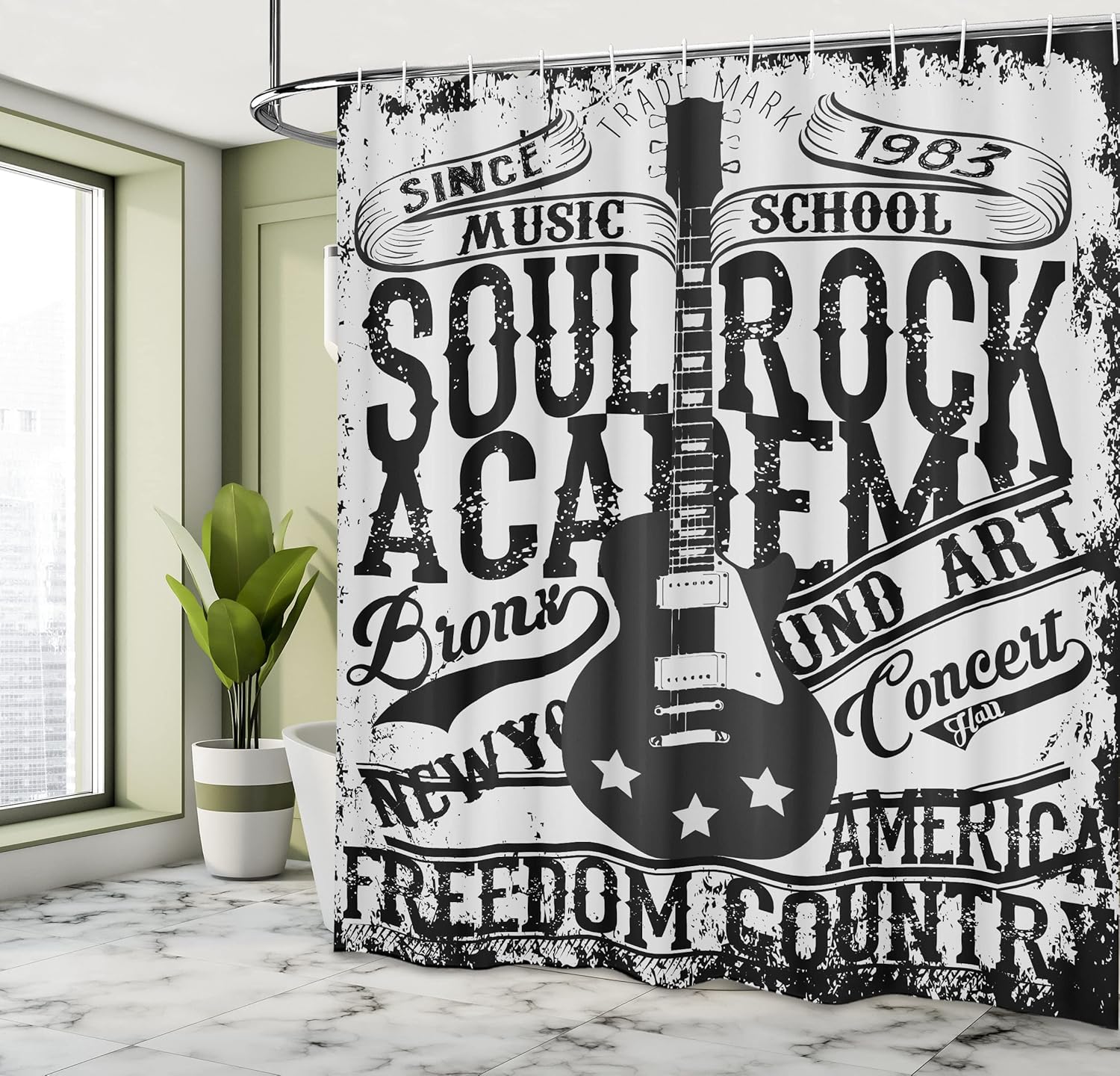 Ambesonne Retro Shower Curtain, Soul Rock Academy Theme Music Electric Guitar Freedom Poster Like Image, Cloth Fabric Bathroom Decor Set with Hooks, 69" W x 70" L, Beige and Black