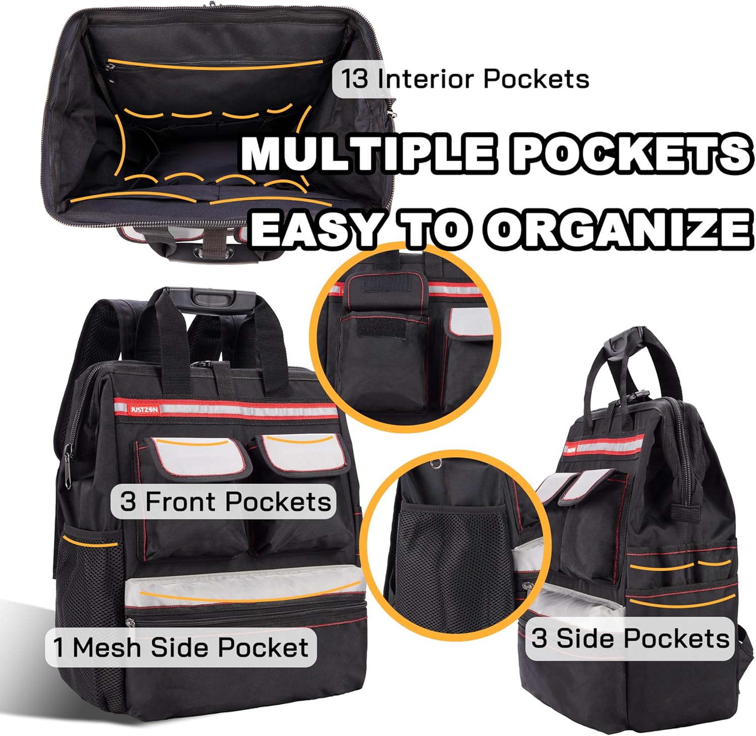 Backpack Tool Bag with Padded Back Support Heavy Duty Tool Kit Carrier Storage Bags for Electrician, Plumber, HVAC, Cable Repairman