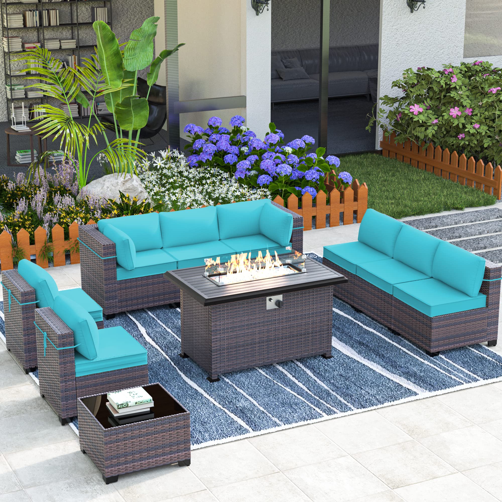 ASJMR Outdoor Patio Furniture Set with Gas Fire Pit Table, 10 Pieces Outdoor Furniture Set Patio Sectional Sofa w/43in Propane Fire Pit, PE Wicker