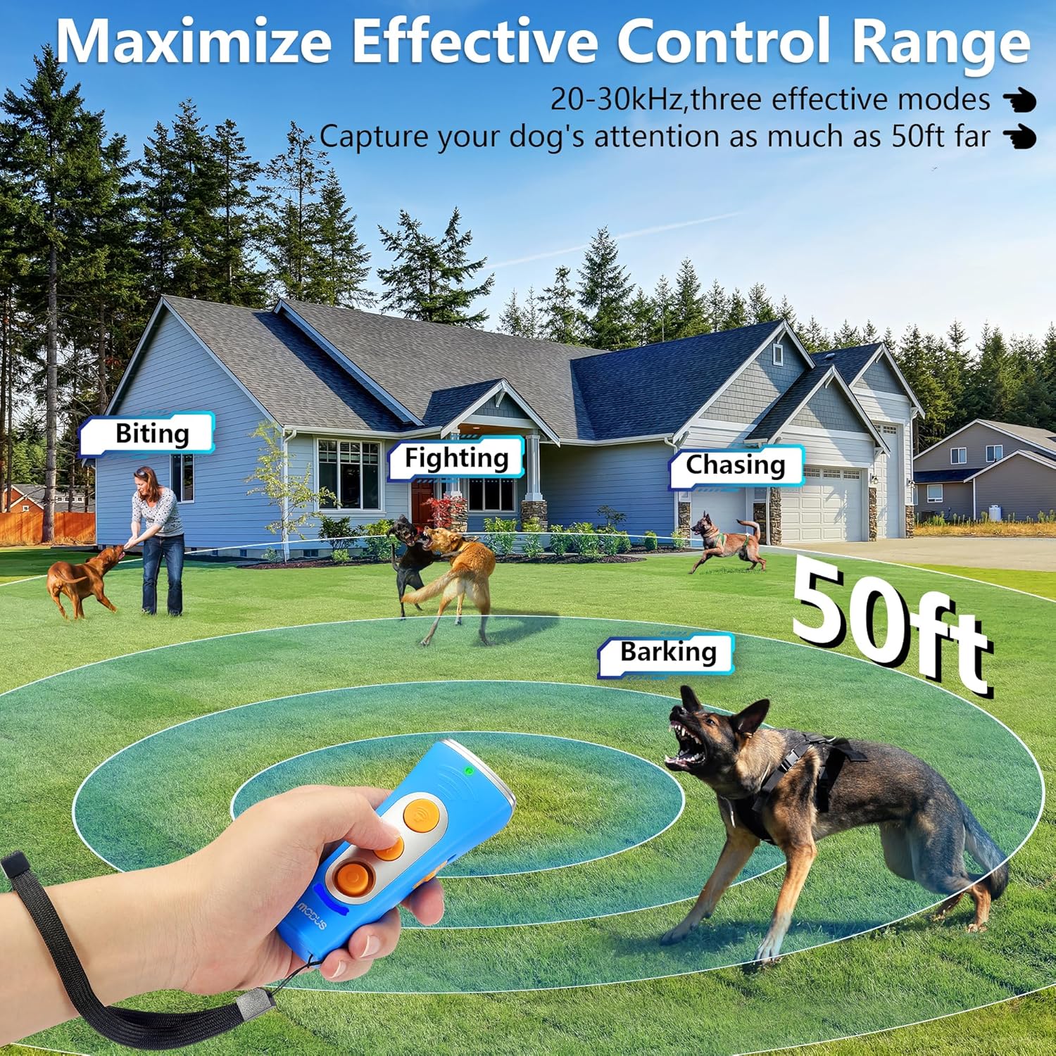 MODUS New Anti Barking Device, 4X Ultrasonic Emitters Dog Bark Deterrent Device, Rechargeable Dog Barking Control Devices with 50ft Range Dog Training Tool, Alternative to Dog Shock Collar (Blue)