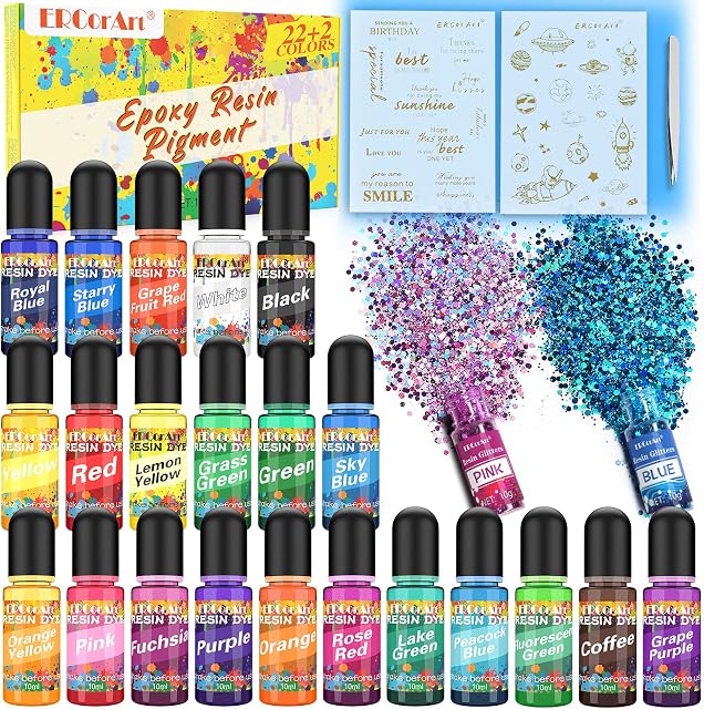 ERCorArt Epoxy Resin Pigment Liquid, 22+2 Epoxy Resin Colours (10ml Each) and Glitter for Jewelry Making, Highly Concentrated Transparent Resin Dye for Paint and Resin Craft, Bonus Stickers, Tweezers