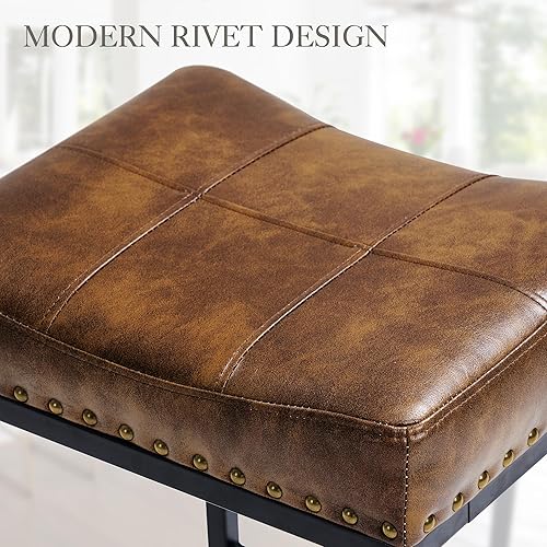 Miniatura 5 de LUE BONA Taburetes de bar ergonómicos cuadrados de 24 pulgadas, juego de 3, moderno taburete de cuero sintético sin espalda con patas de metal negro