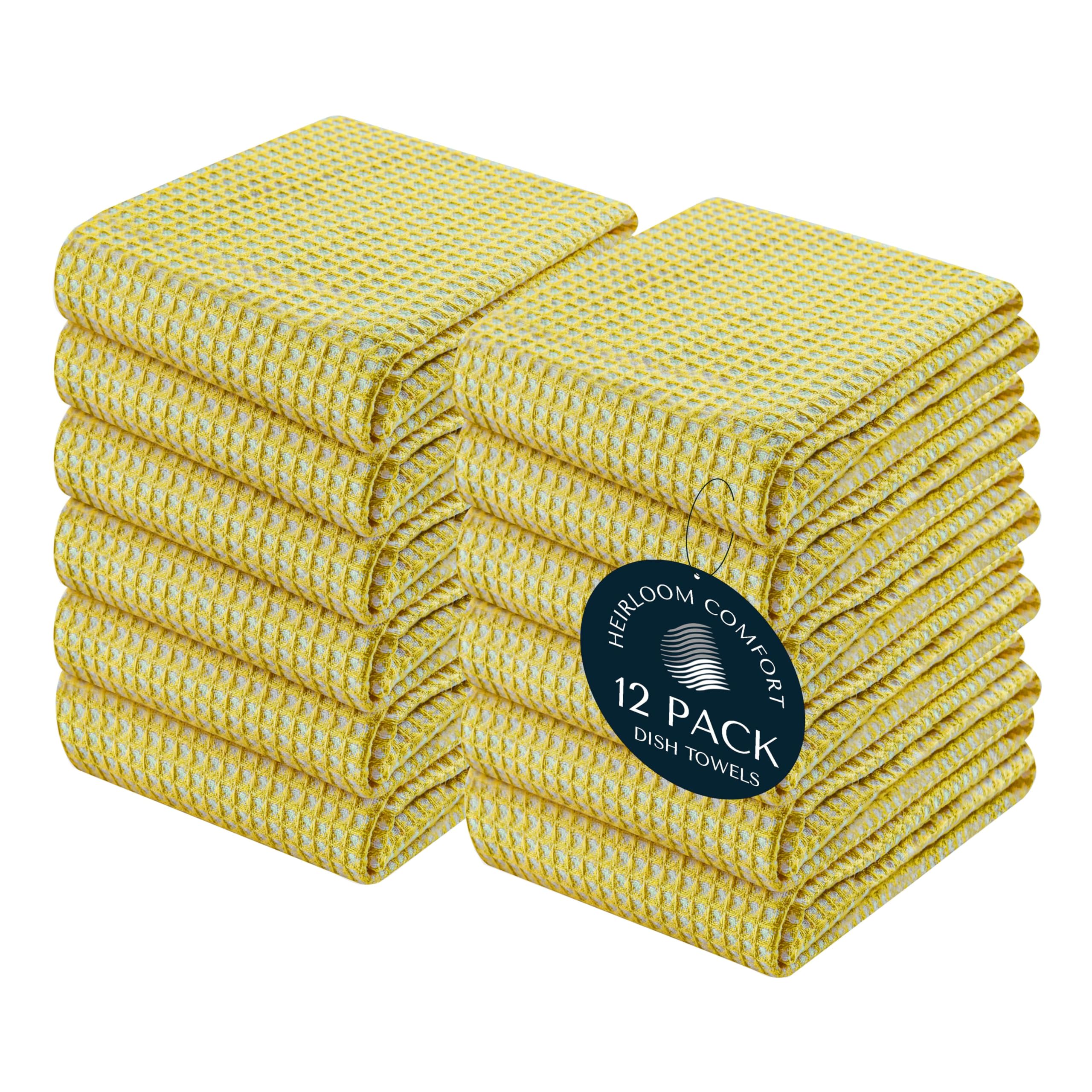 HEIRLOOM COMFORT Dual Waffle Weave Kitchen Towels, 12 Pack, 40x66 cm, 100% Cotton, Reversible, Super Absorbent, Quick Dry, Soft for Cleaning, Durable Dishcloth Set, Hand Towels, Lemon Yellow
