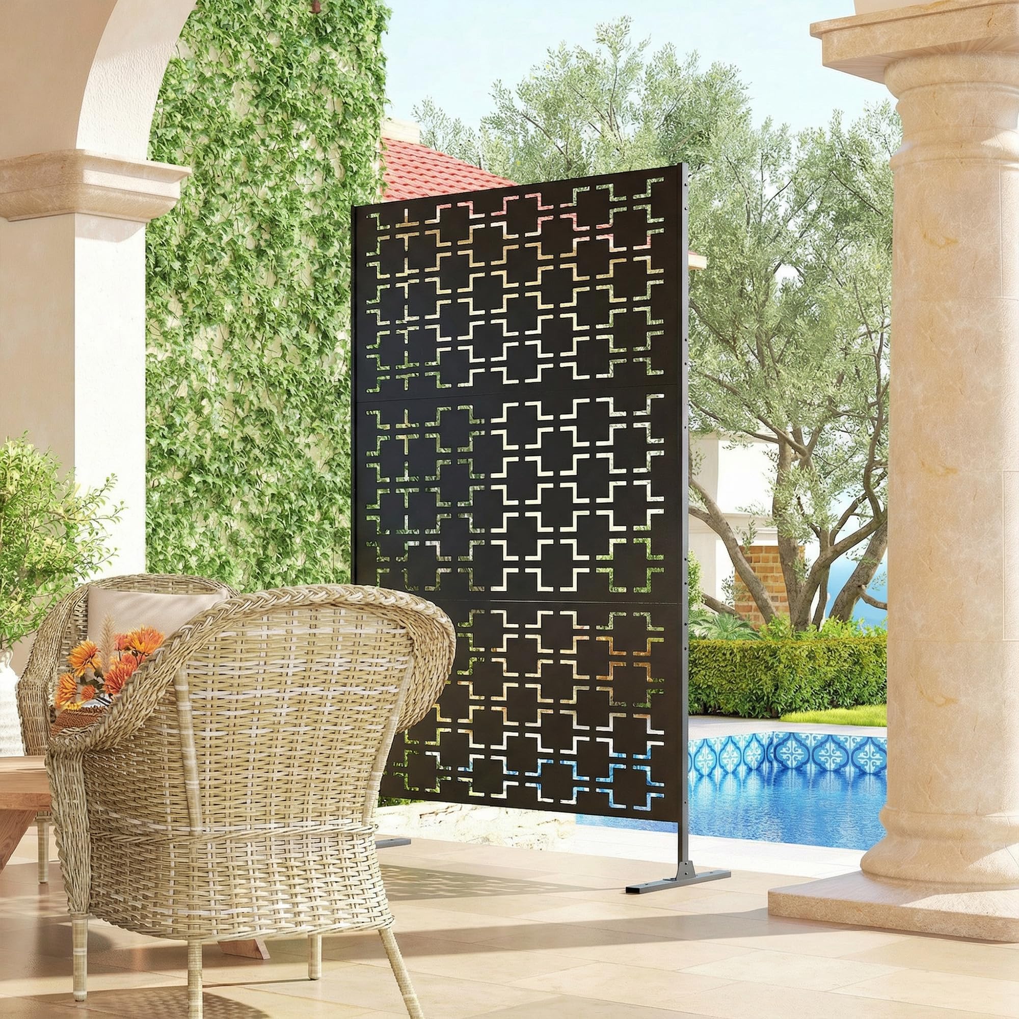 Outsunny Panneau Brise Vue décoratif paravent extérieur à Motif ajouré géométrique en métal - 122 x 45 x 198 cm, Noir
