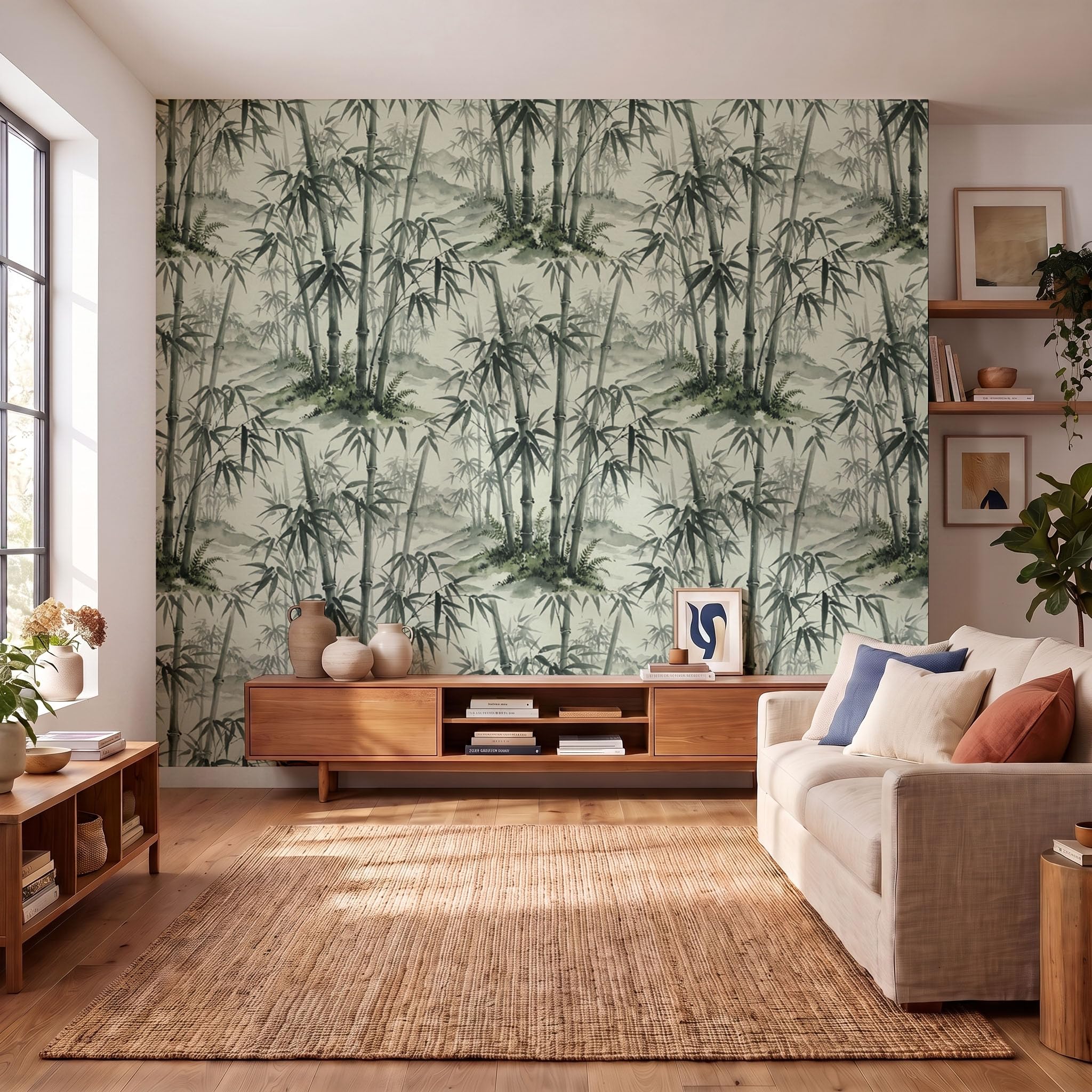 Carta da Parati Panoramica Stile di pittura a inchiostro cinese | Spazio retrò in bambù Carta Da Parati Fotografica 350x256cm Da Parete Per Soggiorno Camera Da Letto Murali Seta Verde scuro
