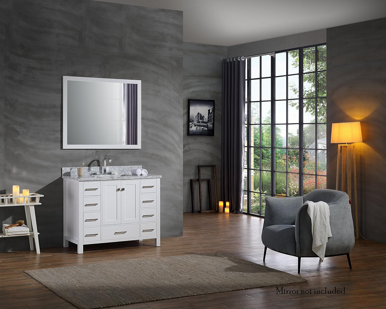 ARIEL DKB Beckford 42-Inch White Bathroom Vanity with Sink, Carrara Marble Countertop 1.5" Edge, Single Rectangular Undermount Sink, 2 Soft Closing Doors, 9 Drawers, Matte Black Hardware