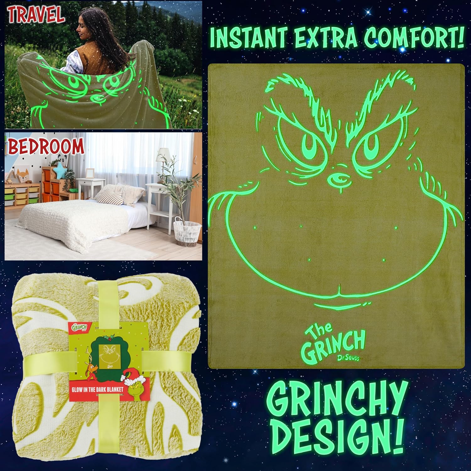 The Grinch Glow in The Dark Throw Blanket 51x59” for Kids Teens Adults, Soft Fleece Blanket for Sofa Bed, Cozy Warm Gifts for Kids (Green Grinch) - Image 3