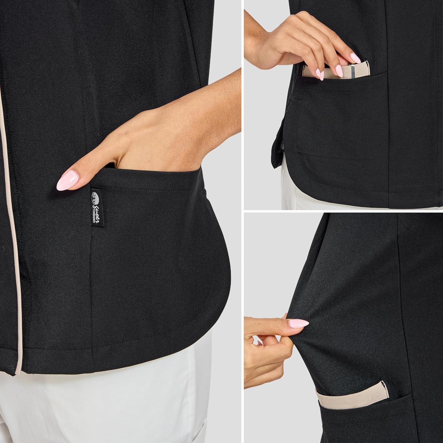 GUOER Scrub Tops Women, V-Neck Contrast Color Paneling, Slit Cuff, Side Slit with Rounded Corners, Snap Front, 3 Pockets