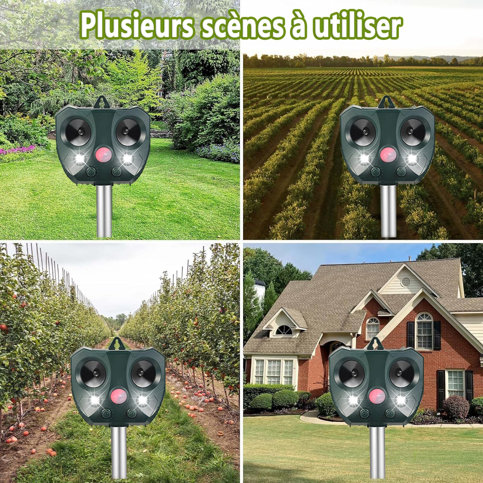 Répulsif Animaux Solaire, Repulsif Chat Exterieur, Ultrason Oiseau, Répulsif Souris, Ultrason Charge Solaire, Chargement USB, Jardin pour Cours, Fermes, Champs (A)