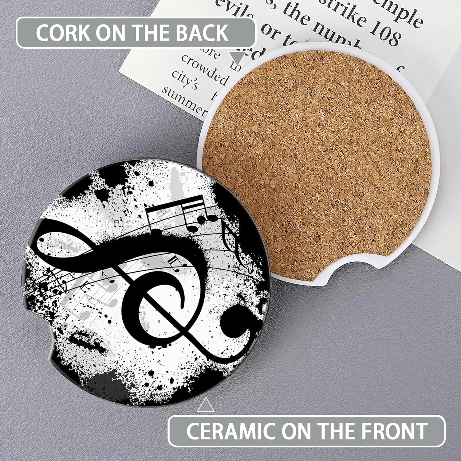 Black Music Notes Car Coasters for Women 2 Pack,Abstract Absorbent Car Coasters for Cup Holders Insert Ceramic Anti Slip with Finger Notch & Cork Base Auto Accessories Gifts - Image 3
