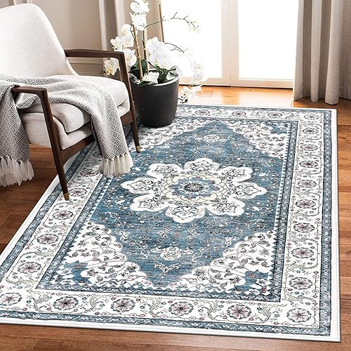 Ileading Alfombra bohemia vintage de 3 x 5 pies, lavable a máquina, alfombra de pelo bajo, no desprende pelusa, antideslizante, para sala de estar,