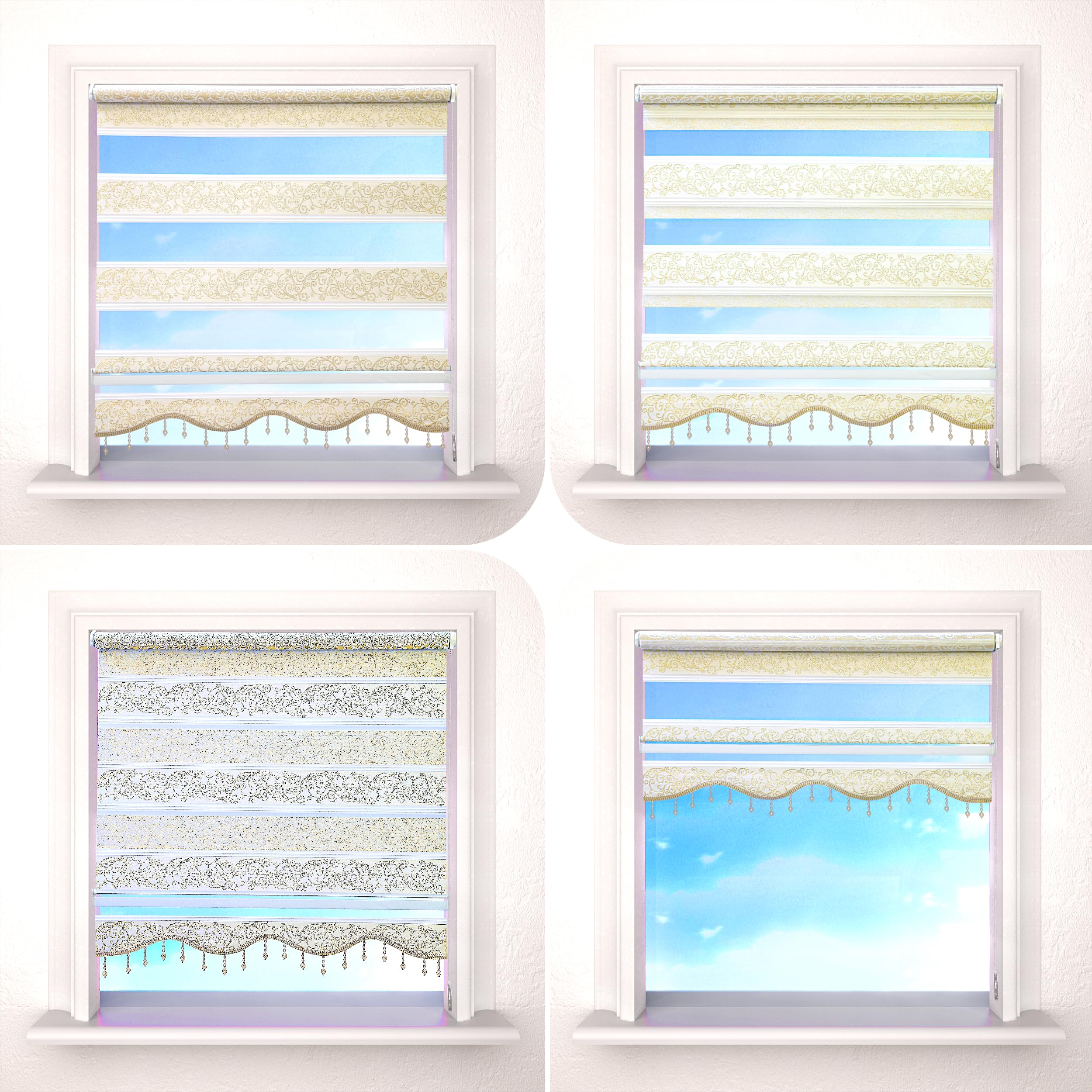 Brillant Doppelrollo Klemmfix ohne Bohren Beige Gold, 50x200cm (BxH), Stoffbreite 46 cm, mit Muster, Volant und Perlen, Duo Rollo für Fenster und Türen, Made in Germany