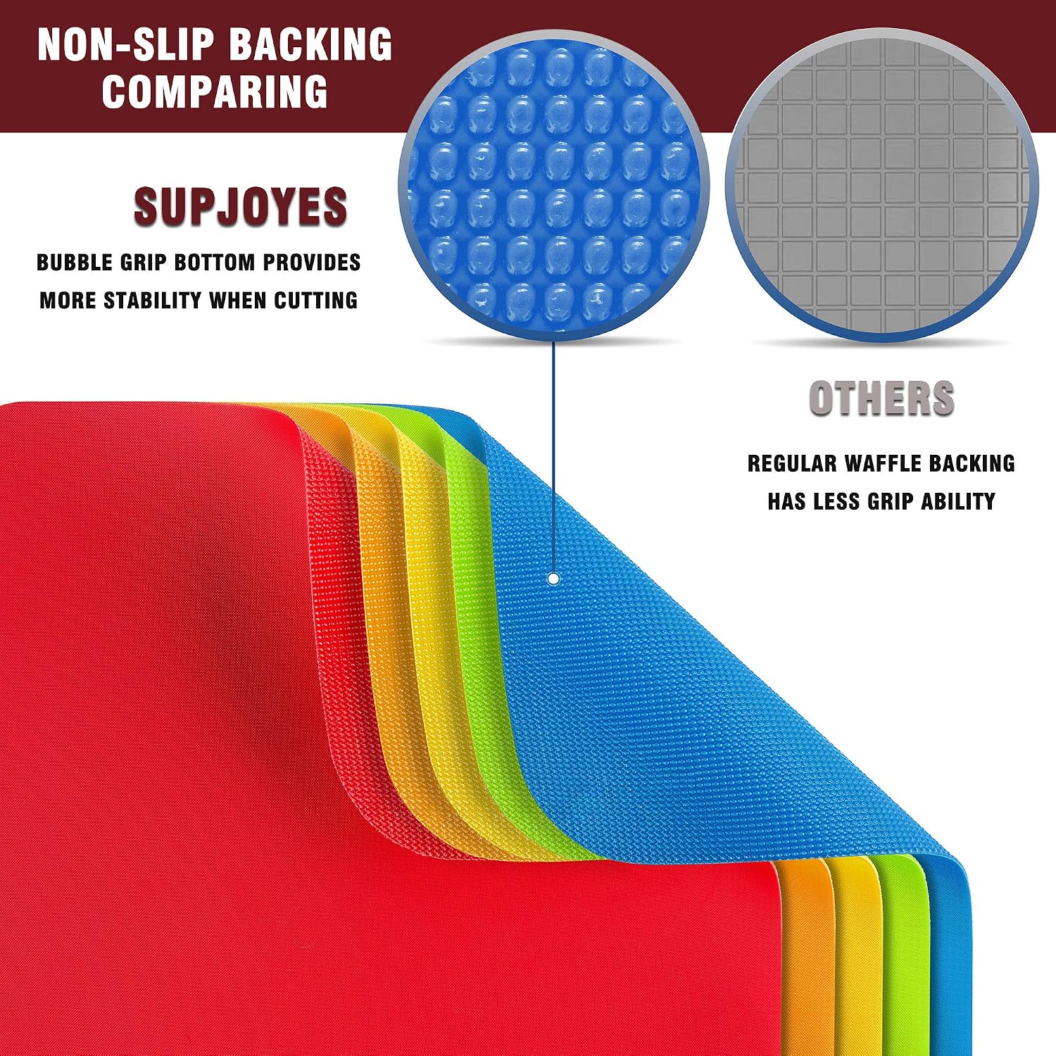 SUPJOYES Flexible Cutting Board Mats: Color Coded Plastic Cutting Board with Food Icons, Set of 5 Piece, BPA-Free, Non-Porous, Dishwasher Safe, Textured Non-Slip Design with Hanging Hole