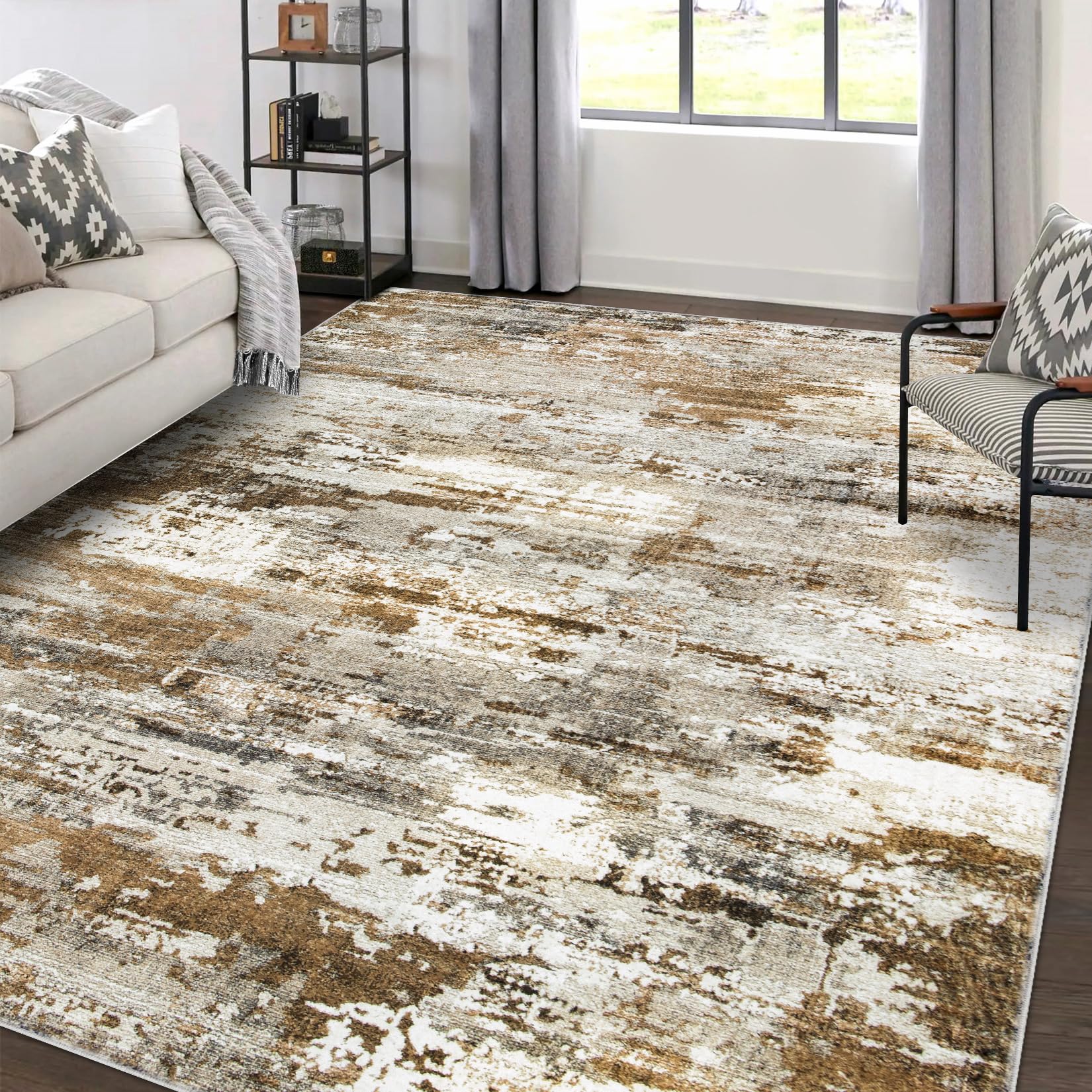 Area Rugs 8x10 Living Room: Large Soft Washable Rug Modern Abstract Anti-Skid Non-Shedding Carpet Indoor Floor Thin Carpets for Bedroom Dining Room Farmhouse Nursery Home Office Brown grey
