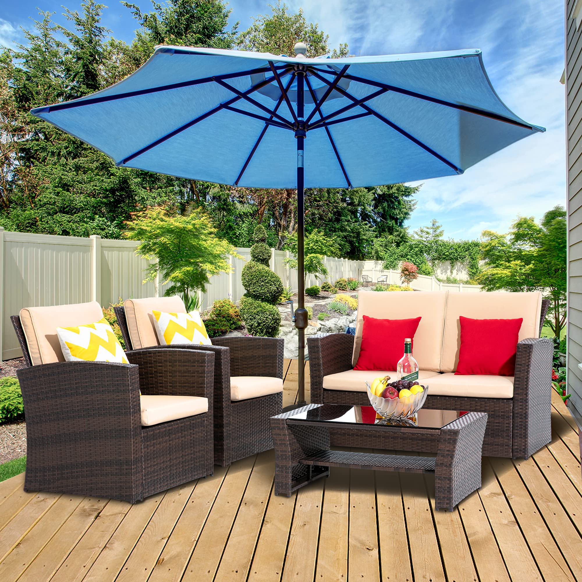 LayinSun 4 Piece Outdoor Patio Furniture Sets, Wicker Conversation Sets