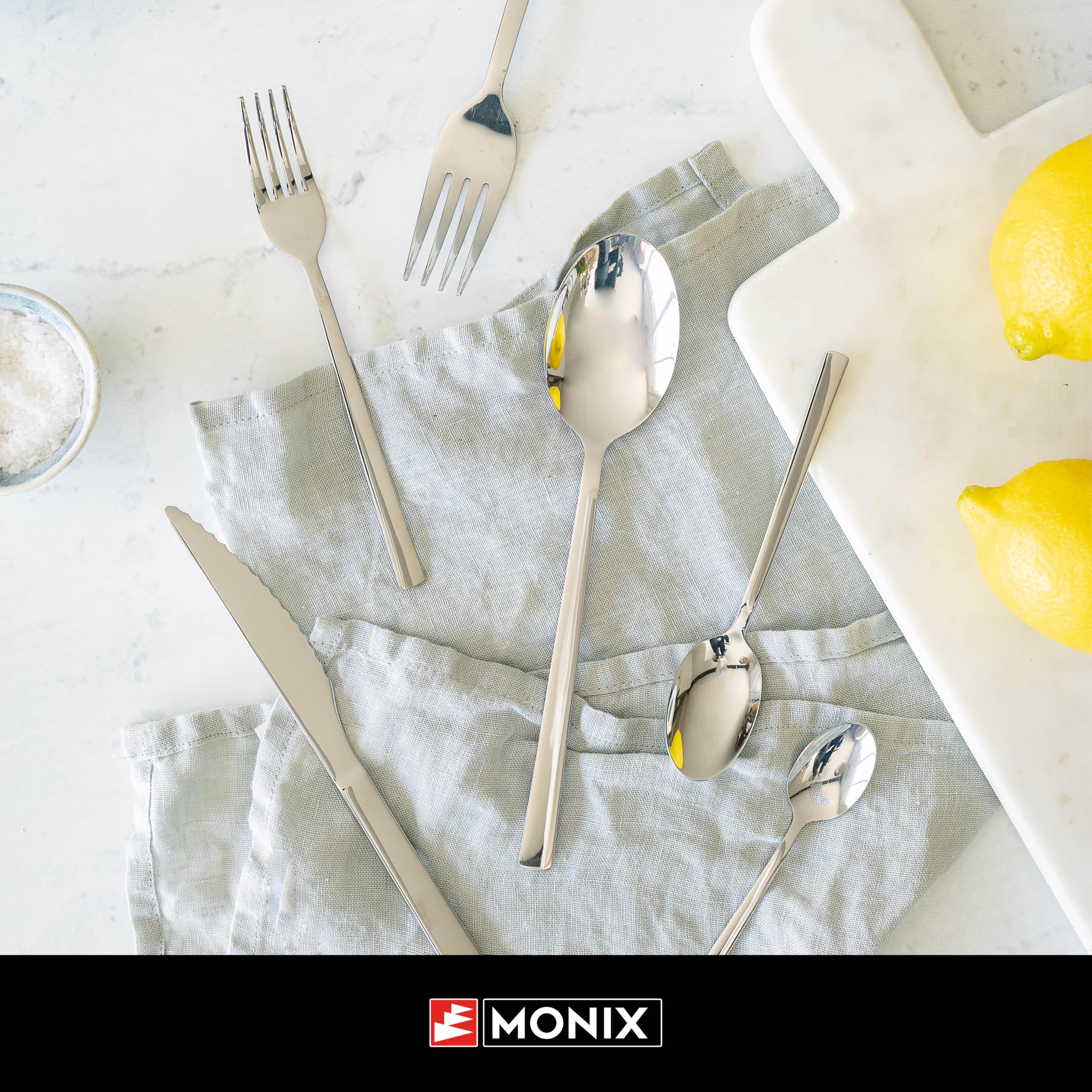 MONIX Amalfi | Set 24 piezas de cubiertos con cuchillo chuletero, Acero Inoxidable 18/0, Acabado Pulido, Apto para Lavavajillas