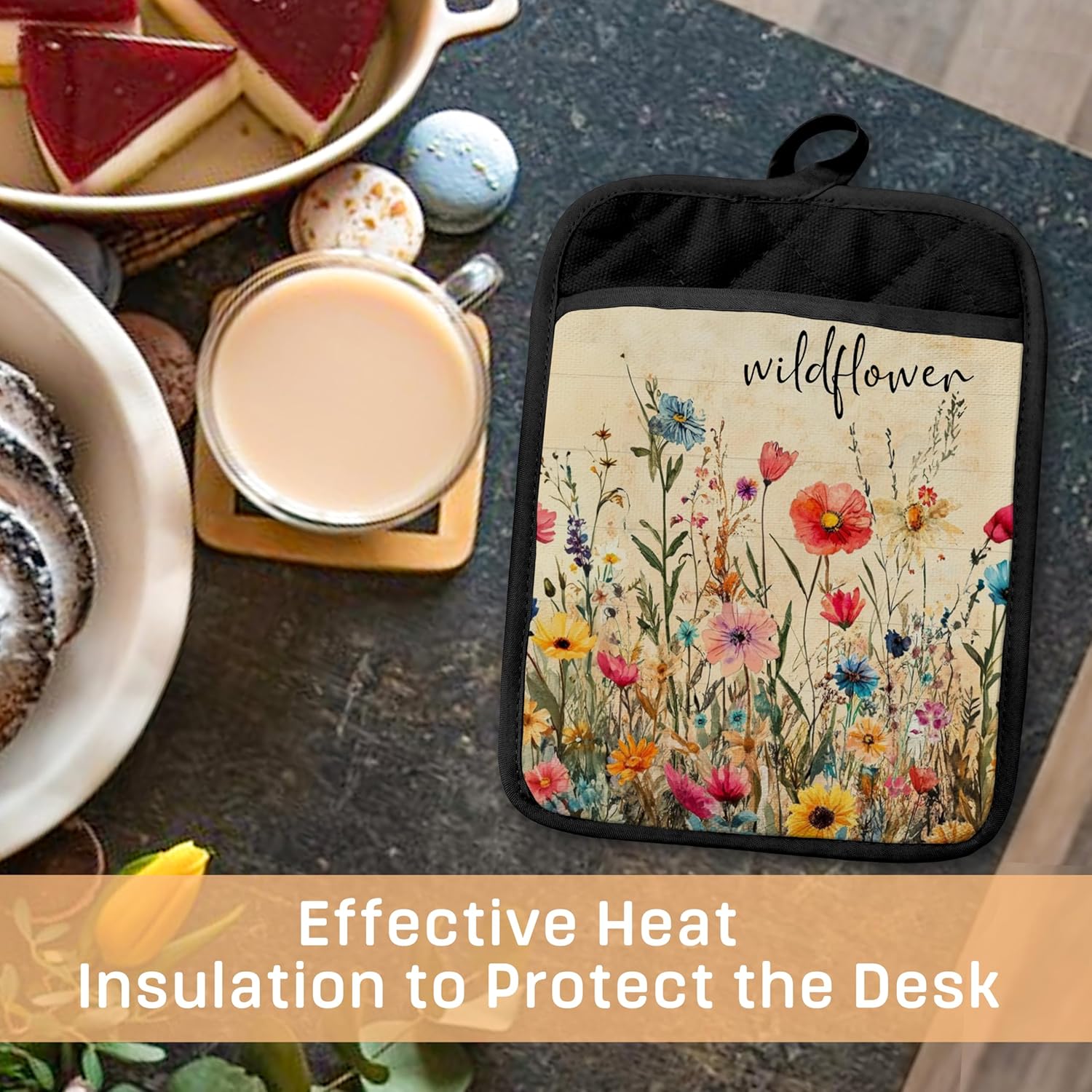 Wildflower Pot Holders with Pockets, Rustic Cottagecore Vintage Floral Botanical Oven Pot Holders Heat Resistant Oven Mitts Hot Pads for Kitchen Baking Cooking - Image 4